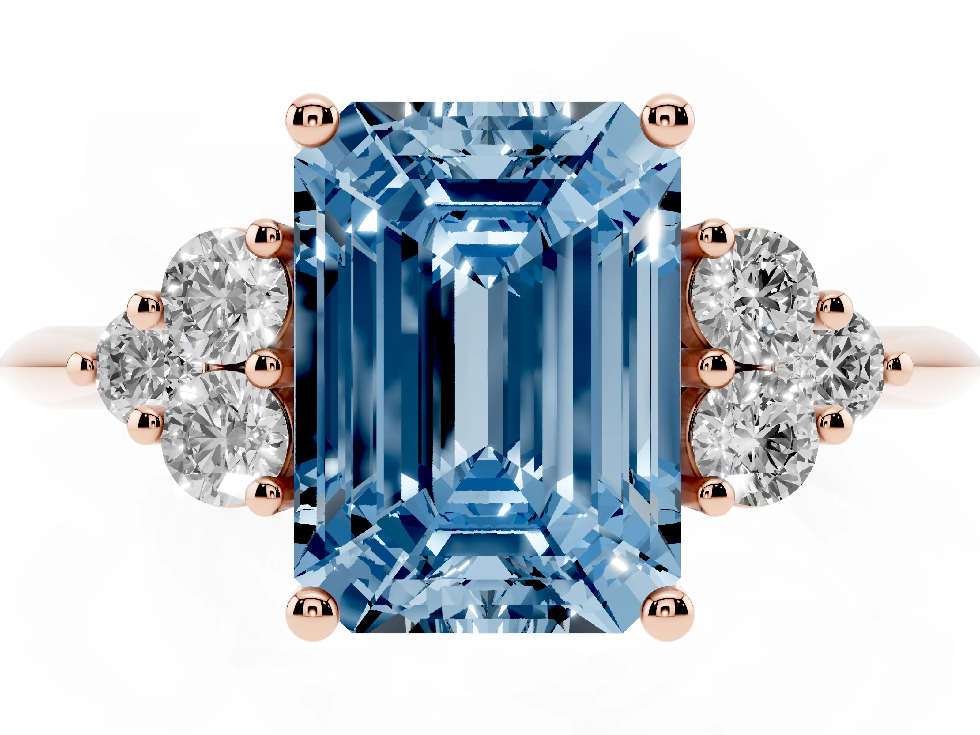 Fancy Blue Emerald Cut Diamond Cluster Ring Set in Rose gold with Plain Band and Prong Setting