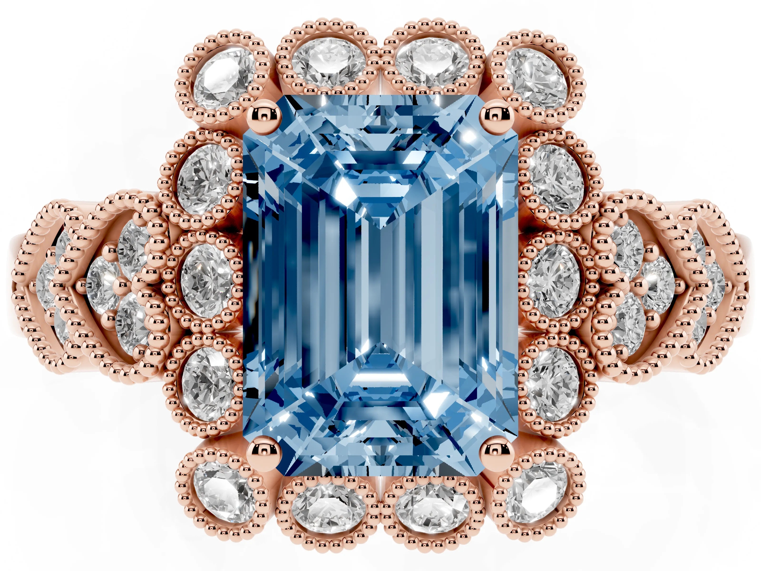 Fancy Blue Emerald Cut Diamond Solitaire Ring Set in Rose gold with Milgrain Pavé Heart Band