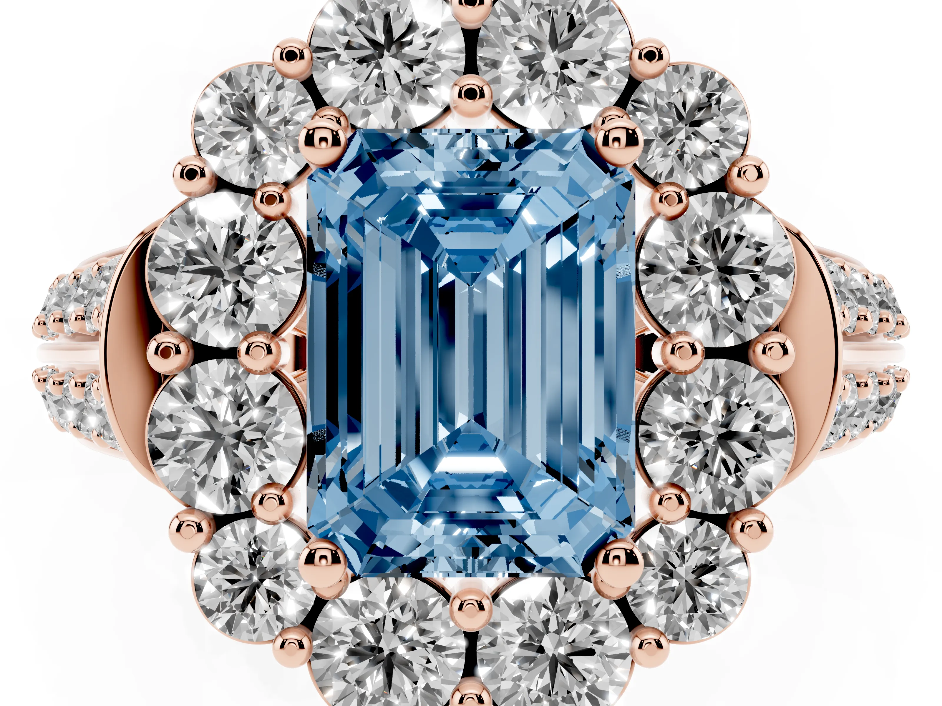 Fancy Blue Emerald Cut Diamond Halo Engagement Ring Set in Rose gold with Split Shank and Prong Setting