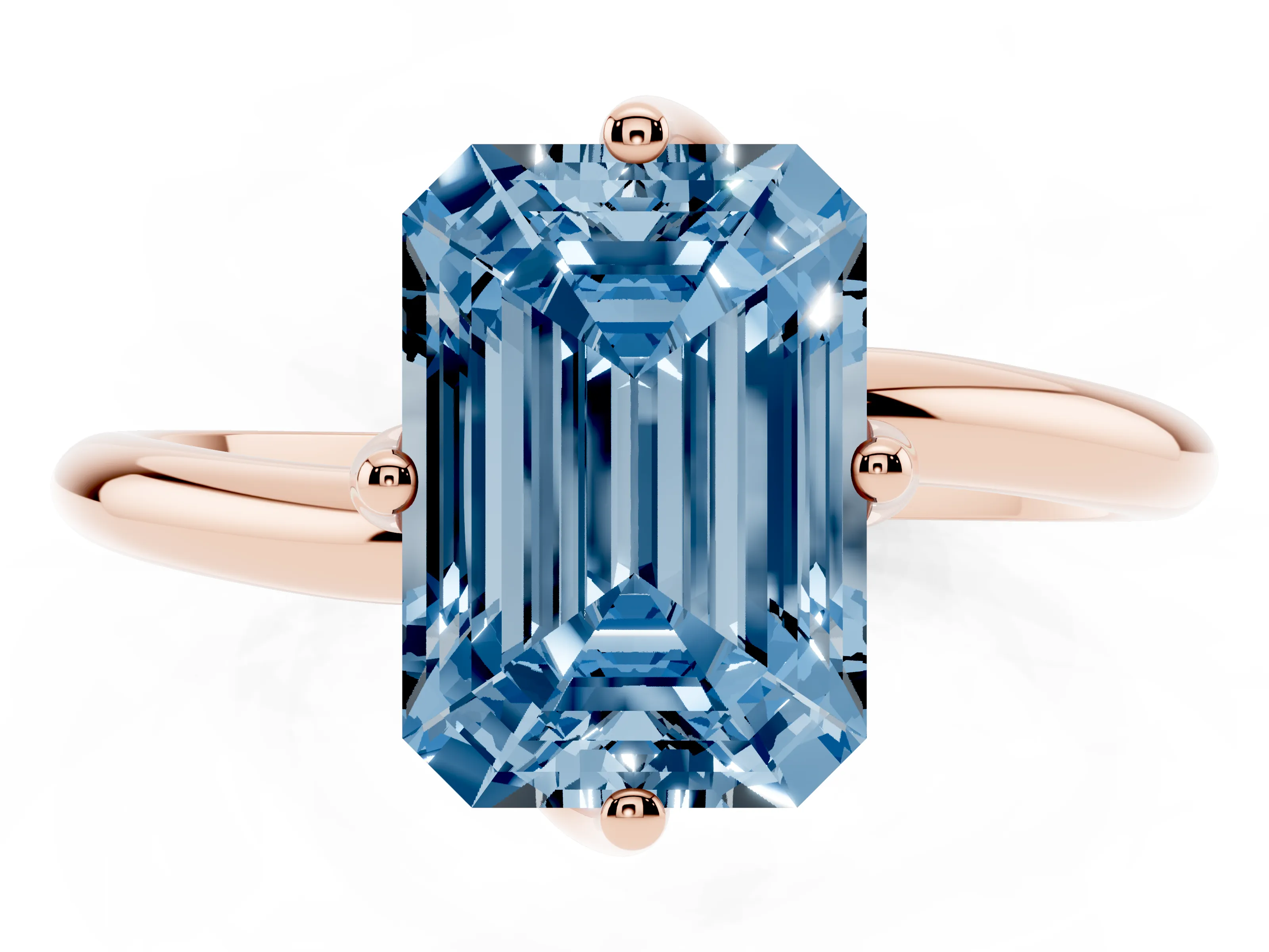 Fancy Blue Emerald Cut Diamond Solitaire Engagement Ring Set in Rose gold with Classic Plain Band