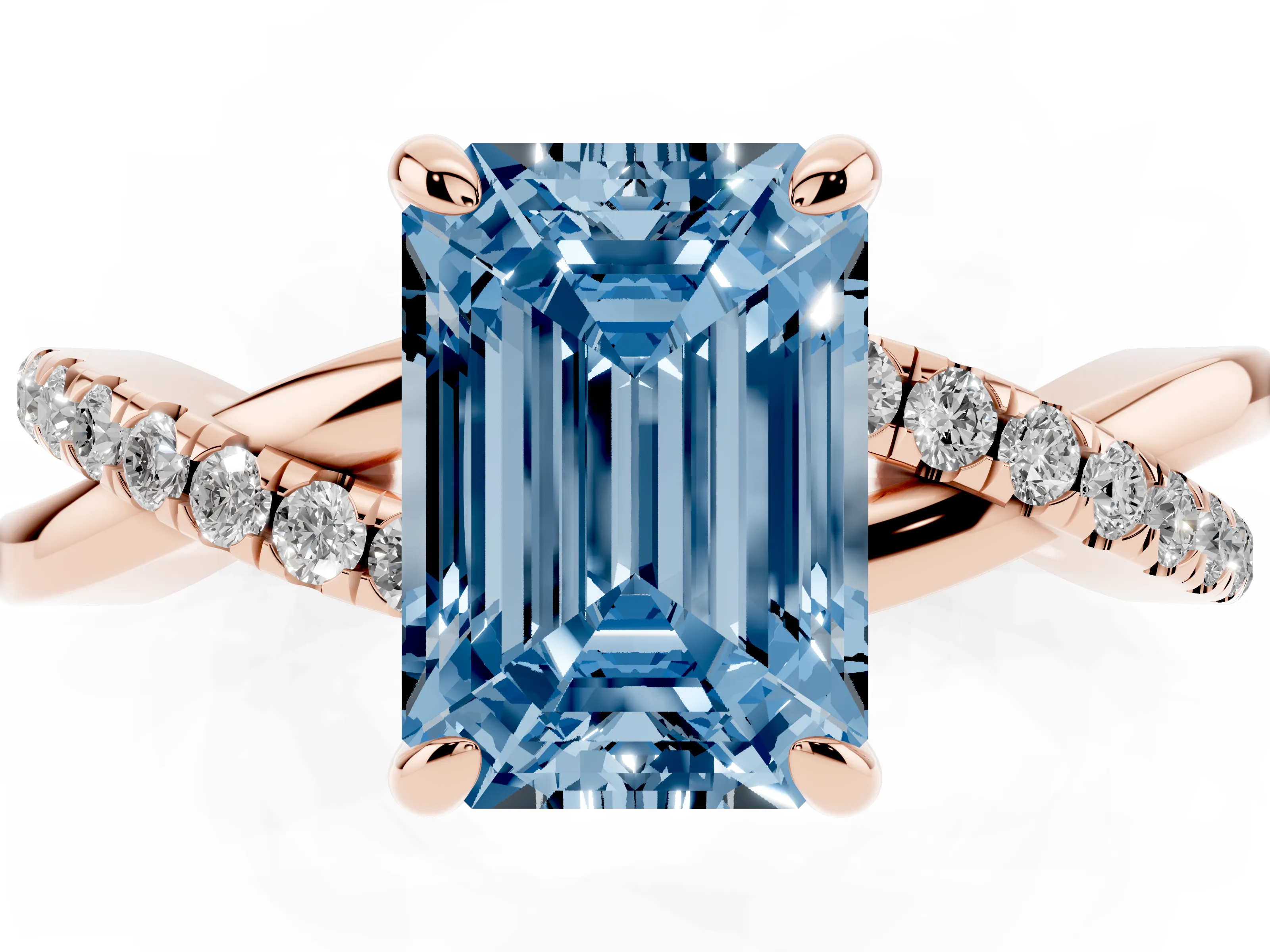 Fancy Blue Emerald Cut Diamond Twist Band Solitaire Set in Rose gold with Pavé Accents and Prong Setting