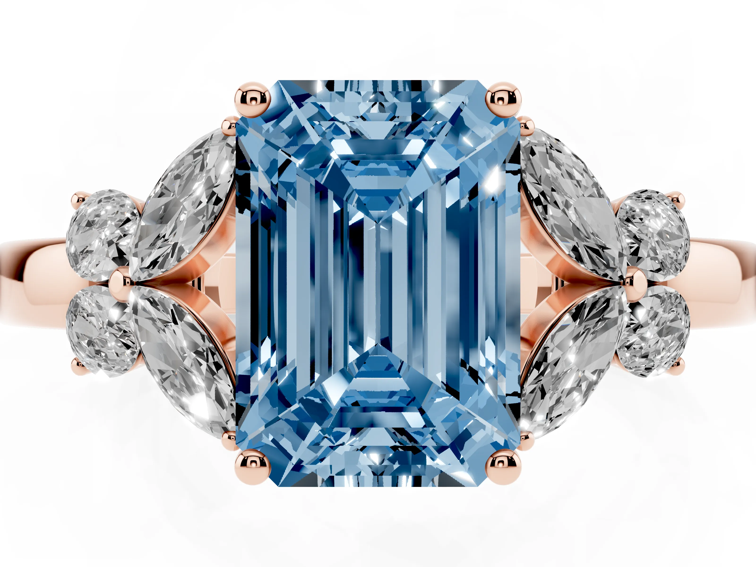 Fancy Blue Emerald Cut Diamond Solitaire Floral Ring Set in Rose gold with Marquise Petals and Prong Setting