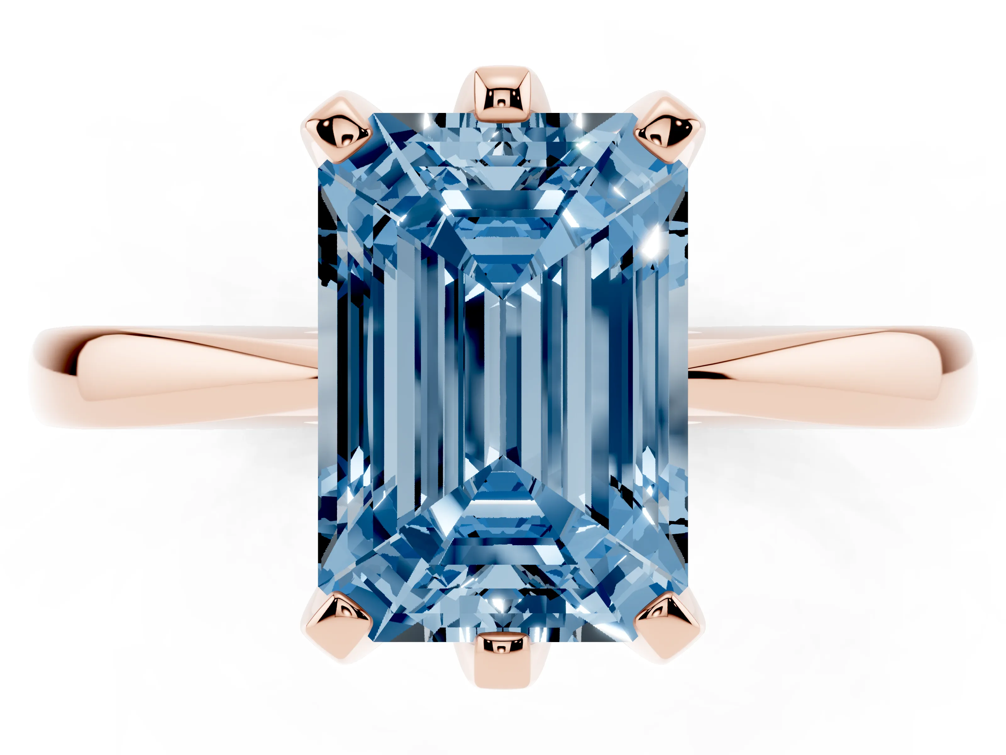 Fancy Blue Emerald Cut Diamond Solitaire Engagement Ring Set in Rose gold with Slim Tapered Solitaire Band