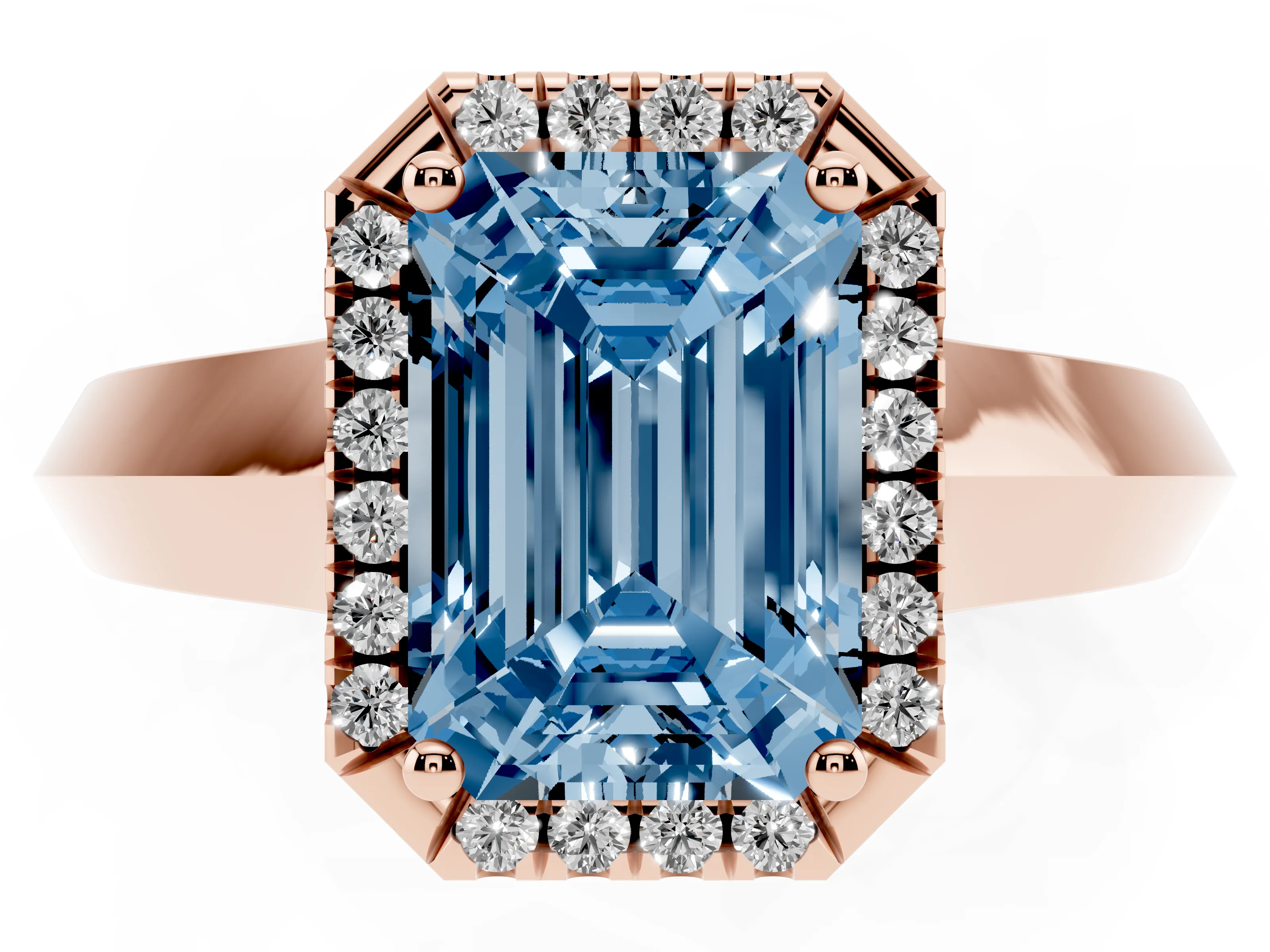 Fancy Blue Emerald Cut Diamond Halo Ring Set in Rose gold with Cathedral Band and Prong Setting