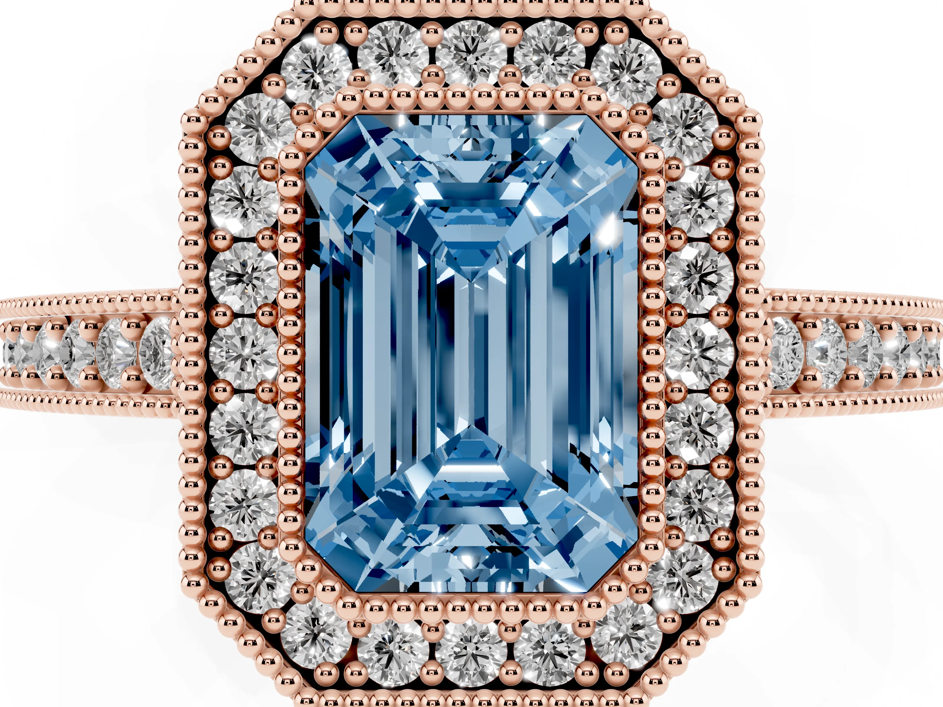 Fancy Blue Emerald Cut Diamond Halo Engagement Ring Set in Rose gold with Pavé Band and Round Halo Stones