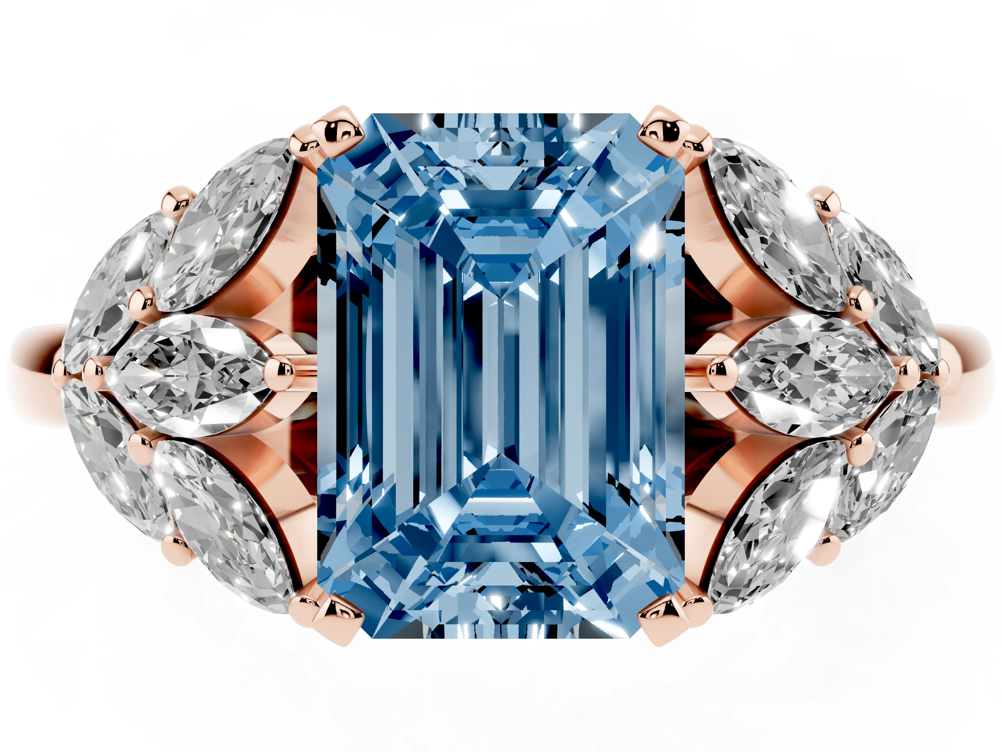 Fancy Blue Emerald Cut Diamond Cluster Leaf Design Ring Set in Rose gold with Prong Setting