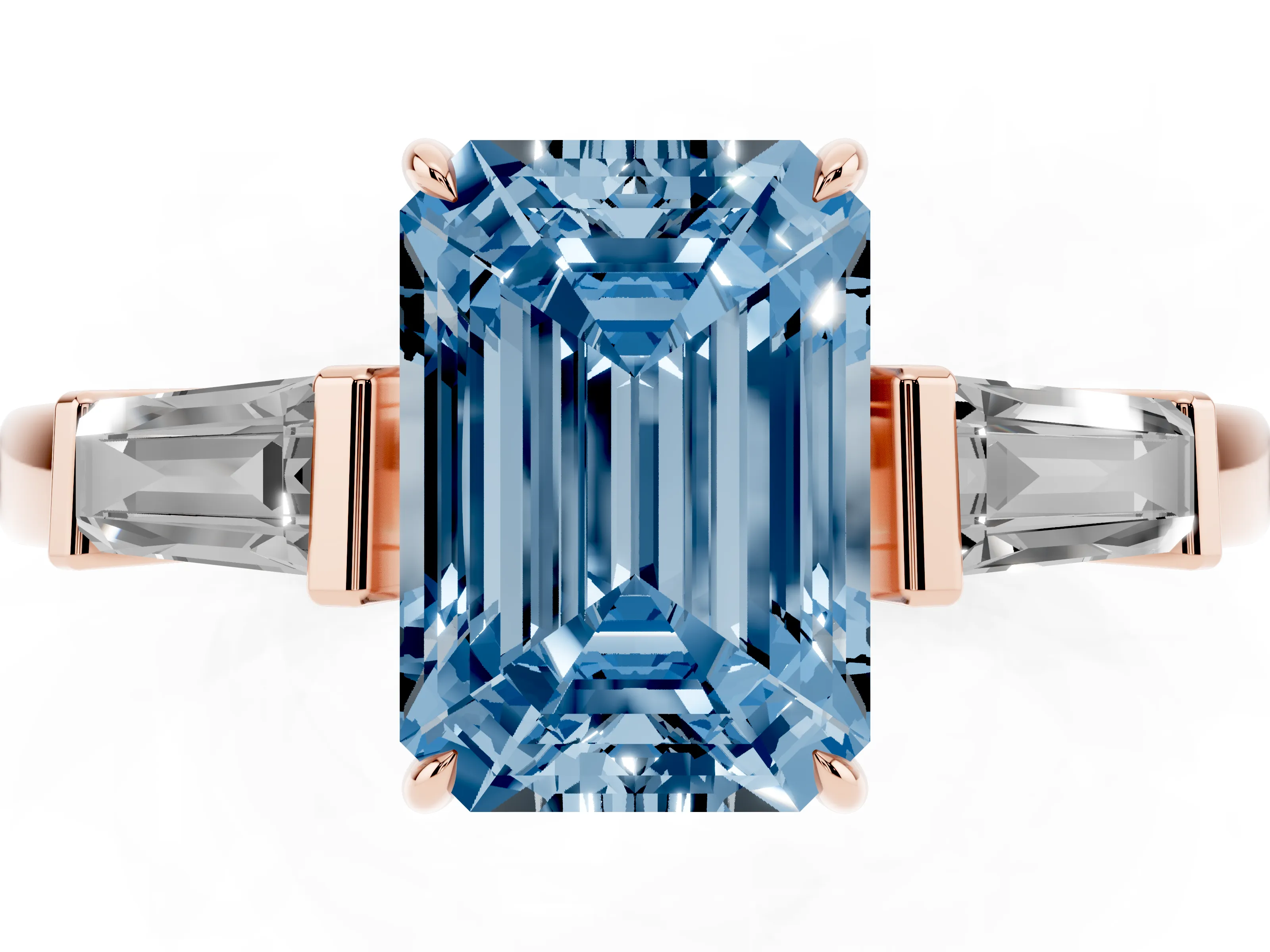 Fancy Blue Emerald Cut Diamond Three-Stone Ring Set in Rose gold with Tapered Baguette Side Stones and Prong Setting