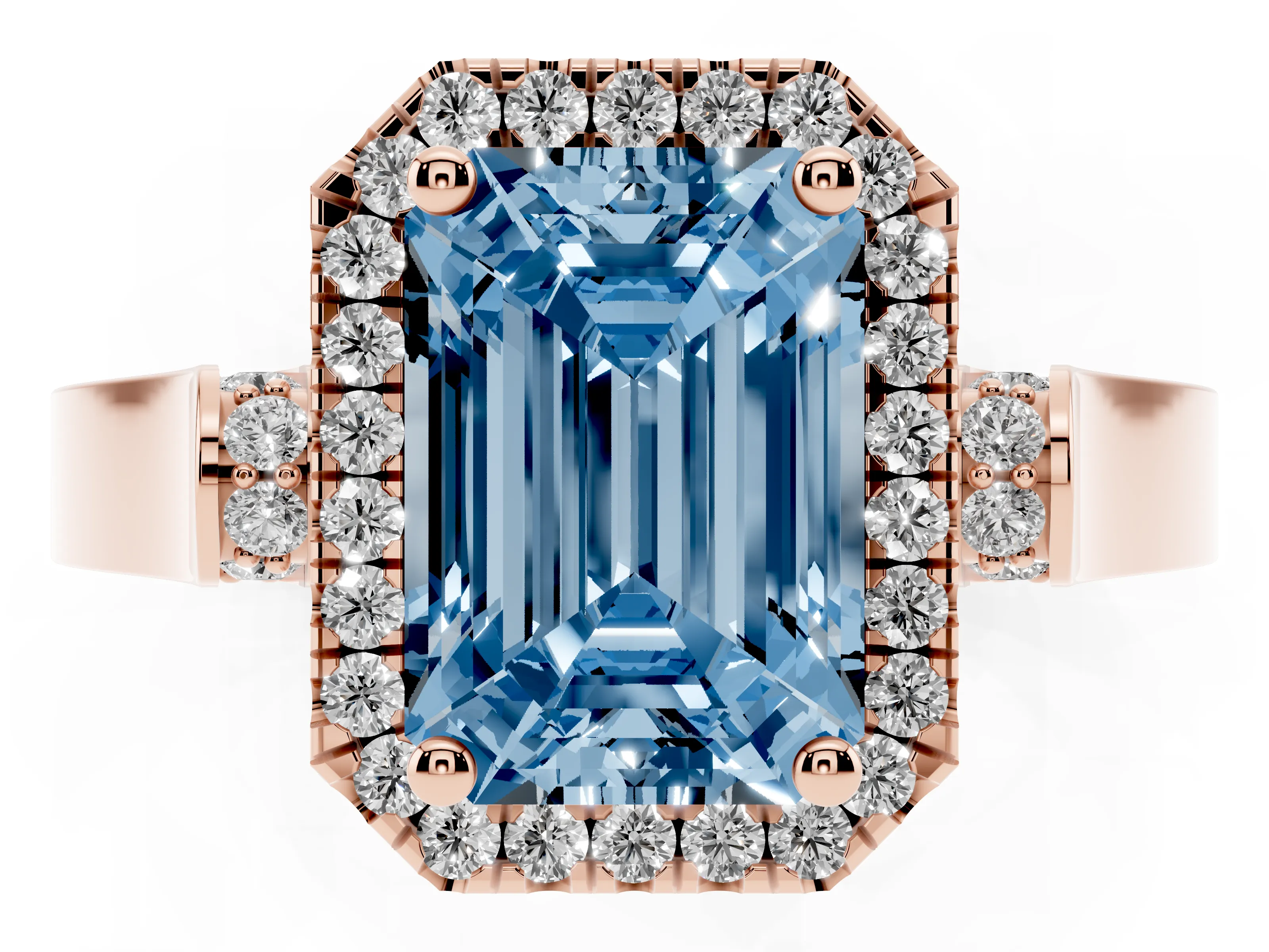 Fancy Blue Emerald Cut Diamond Halo Ring Set in Rose gold with Pavé-Lined Split Shank Band