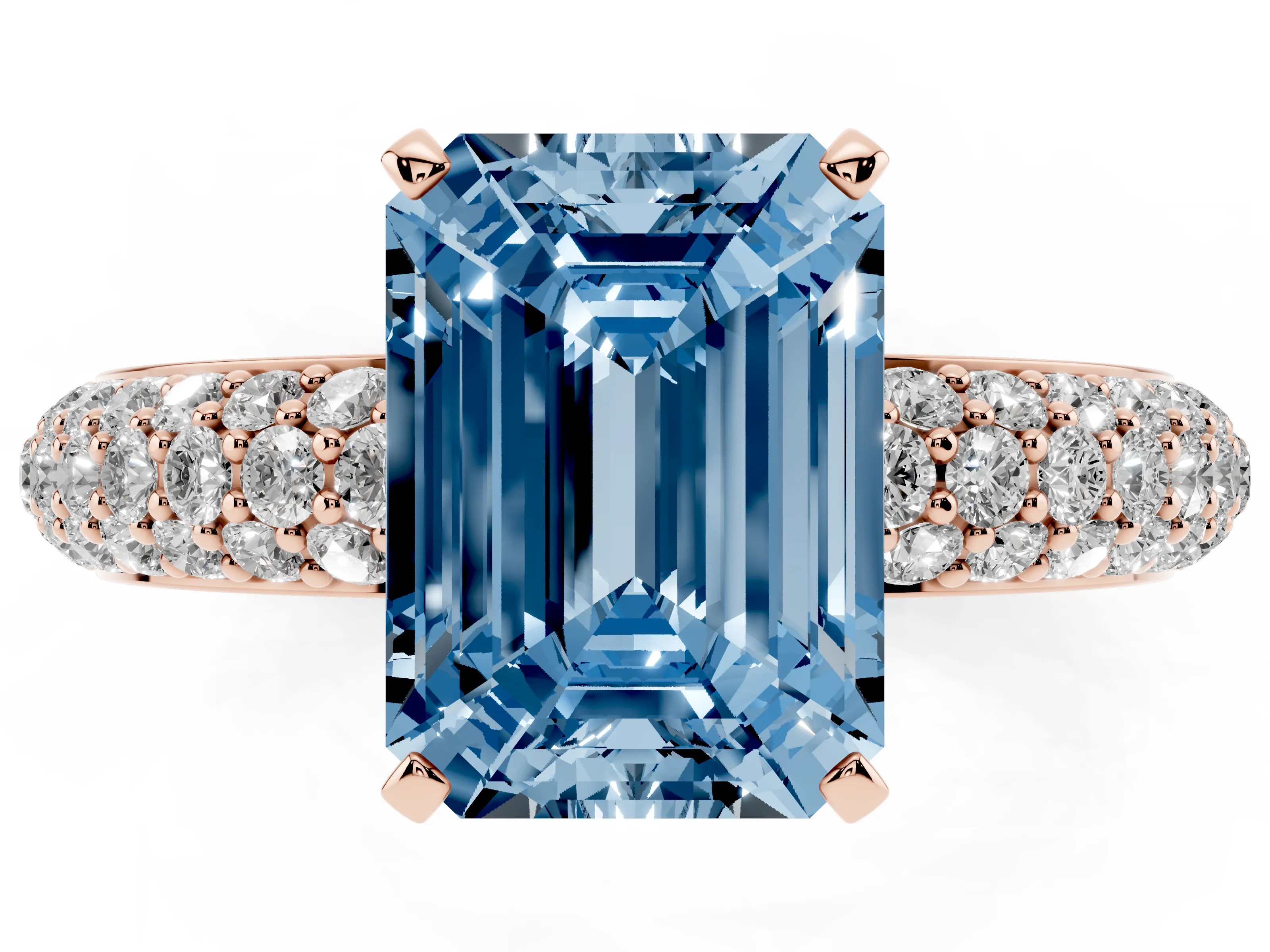 Fancy Blue Emerald Cut Diamond Solitaire Ring Set in Rose gold with Prong Setting and Pavé-Set Band