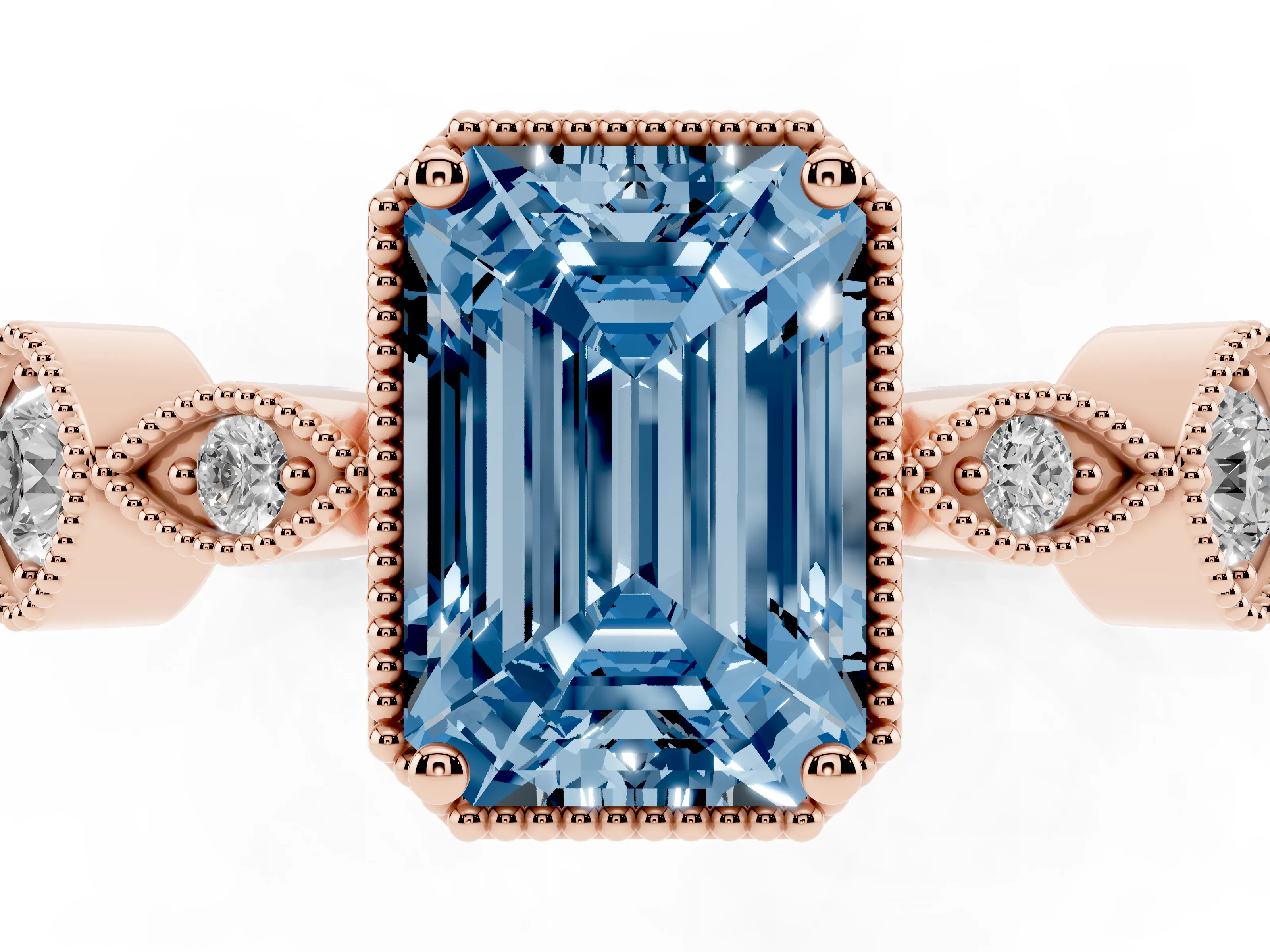 Fancy Blue Emerald Cut Diamond Vintage-Inspired Milgrain Ring Set in Rose gold with Marquise Stations of Round Accents