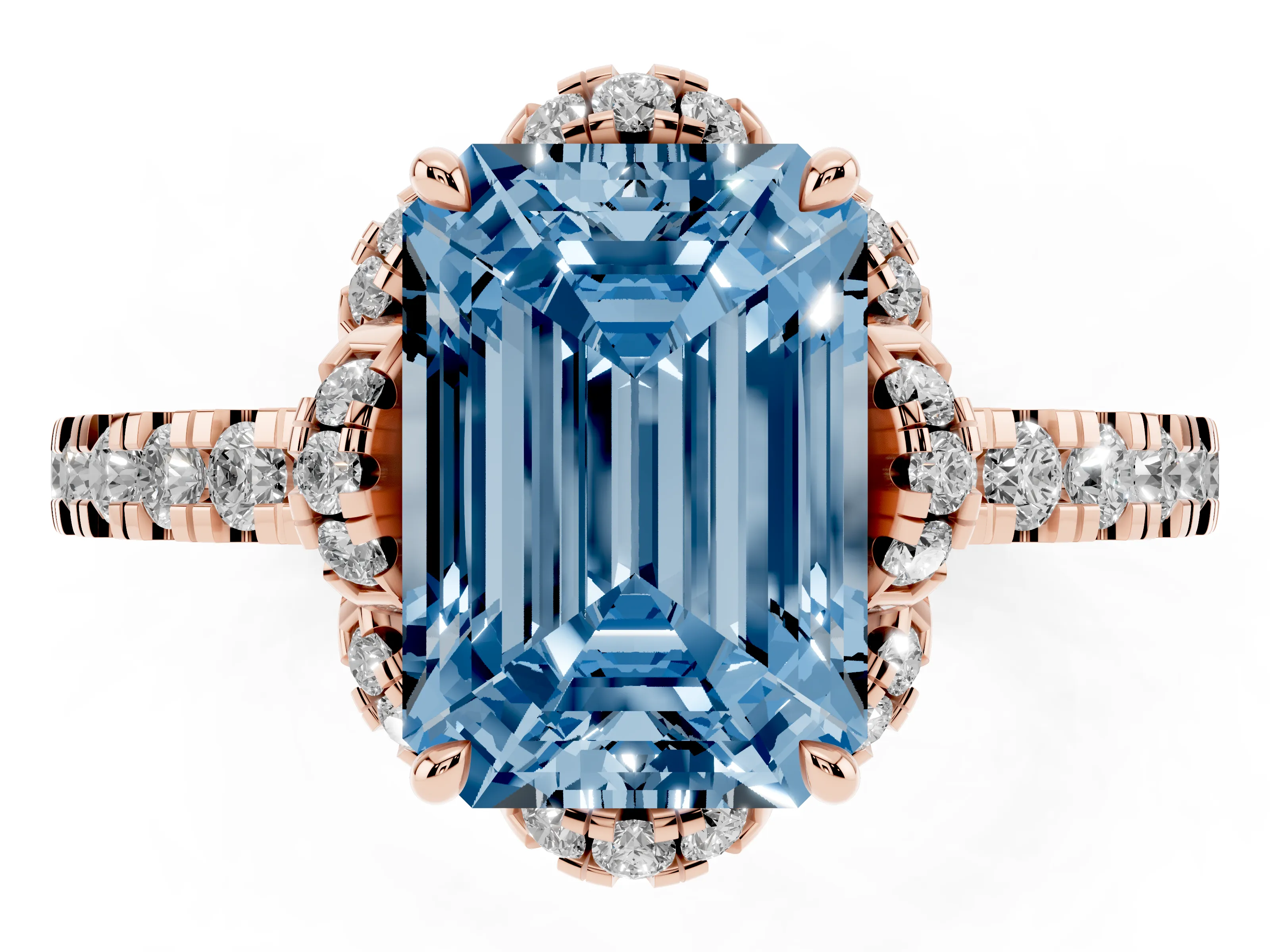 Fancy Blue Emerald Cut Diamond Halo Pavé Band Ring Set in Rose gold with Prong-Held Center