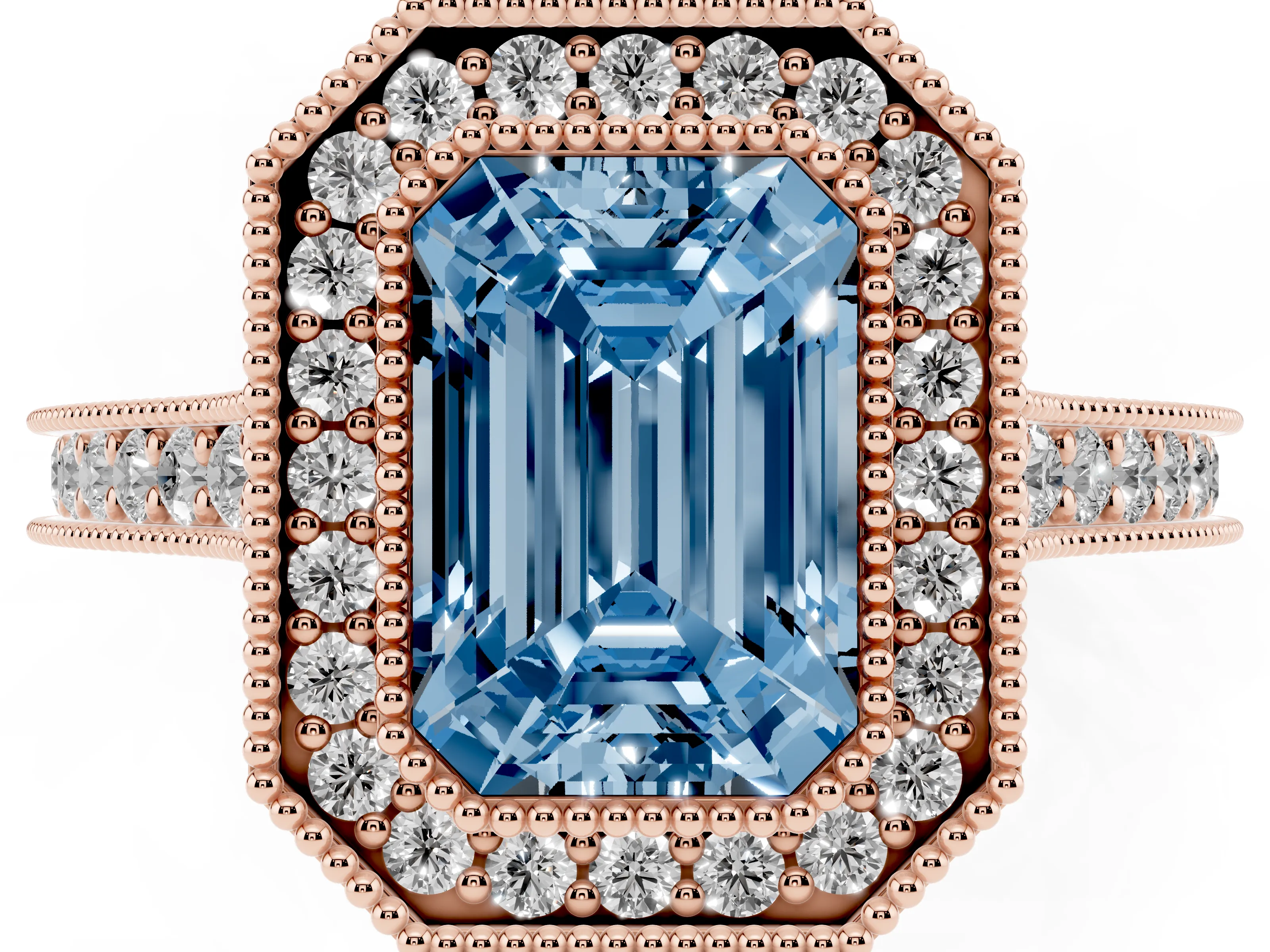 Fancy Blue Emerald Cut Diamond Halo Milgrain Pavé Band Ring Set in Rose gold with Prong Setting