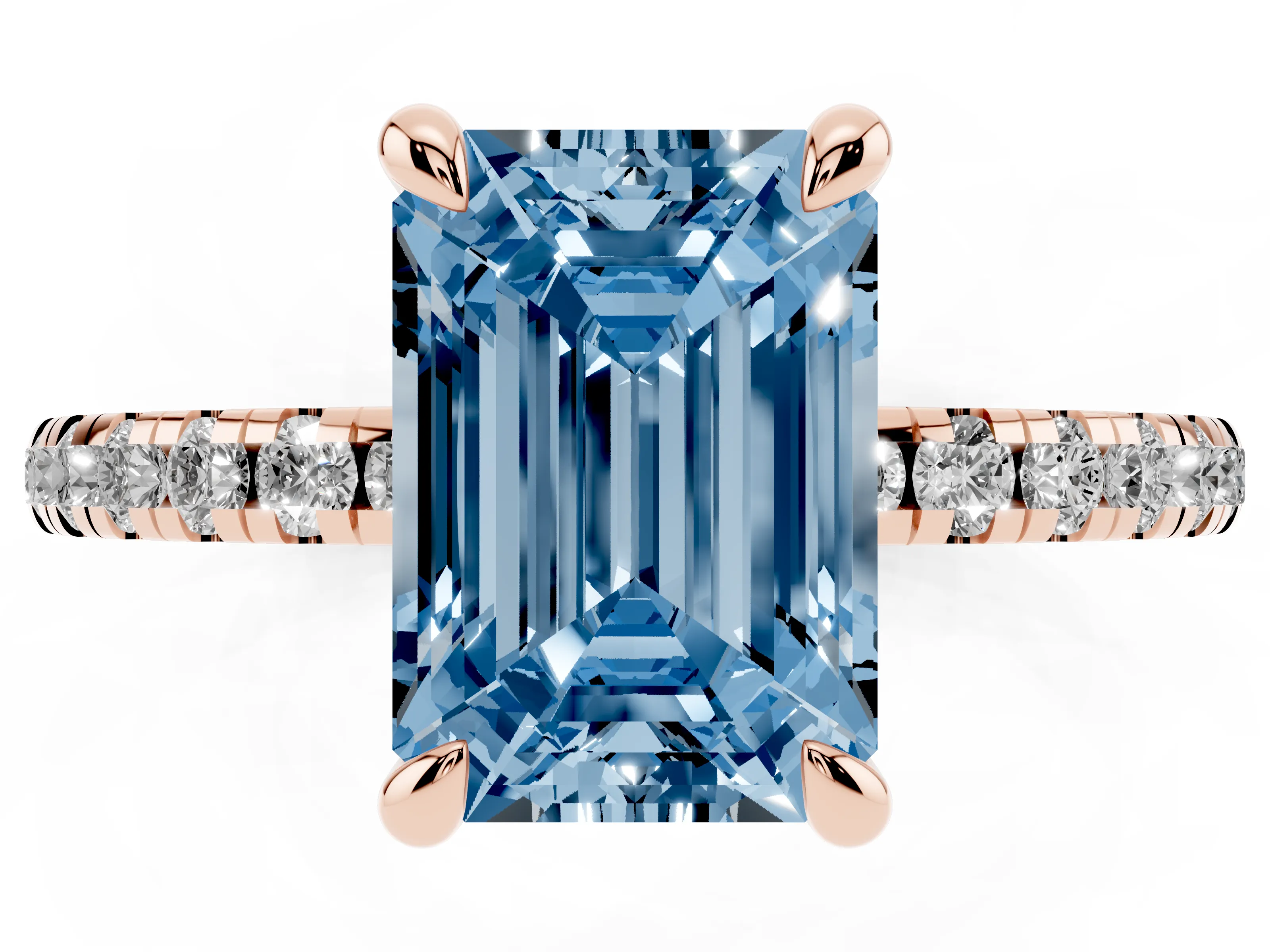 Fancy Blue Emerald Cut Diamond Brilliant Solitaire Ring Set in Rose gold with Pavé Band and Prong Setting