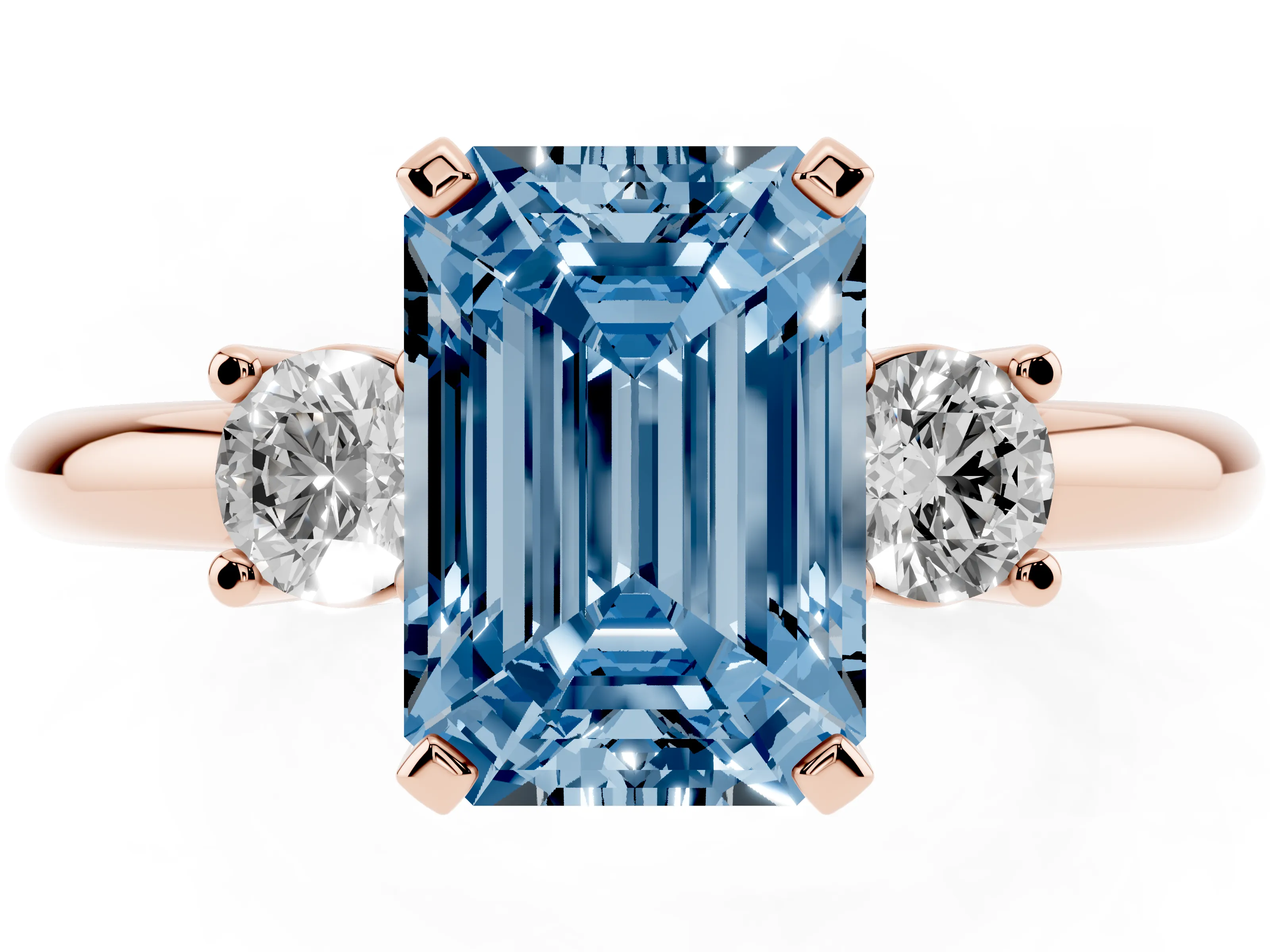 Fancy Blue Three-Stone Emerald Cut Diamond Ring Set in Rose gold with Prong Setting and Plain Band
