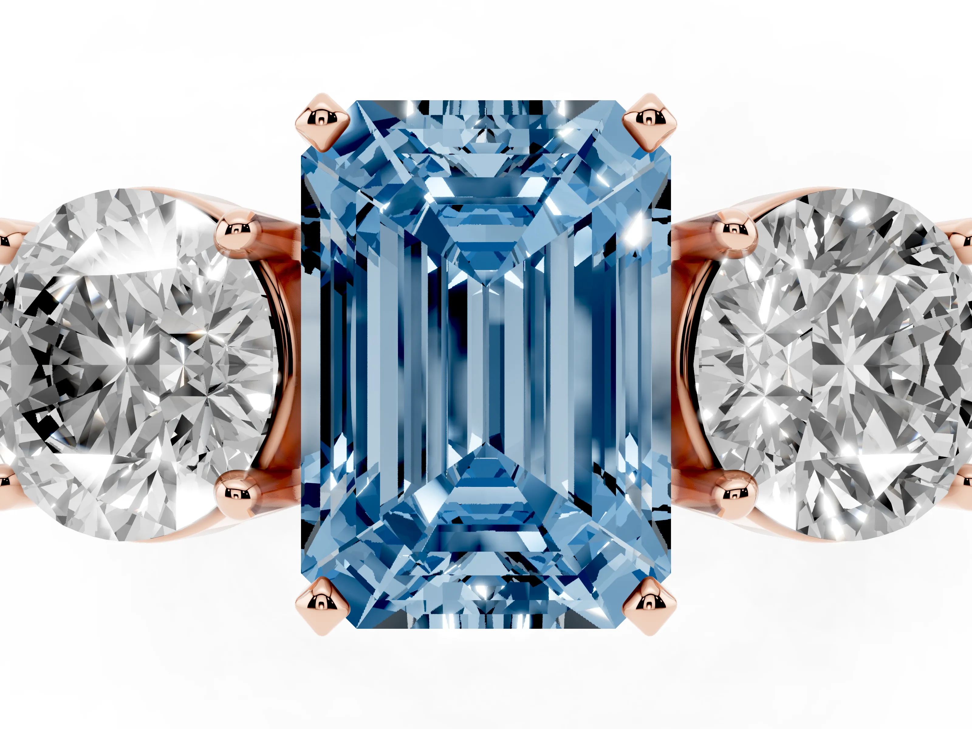 Fancy Blue Emerald Cut Diamond Three-Stone Ring Set in Rose gold with Round Side Stones and Classic Band