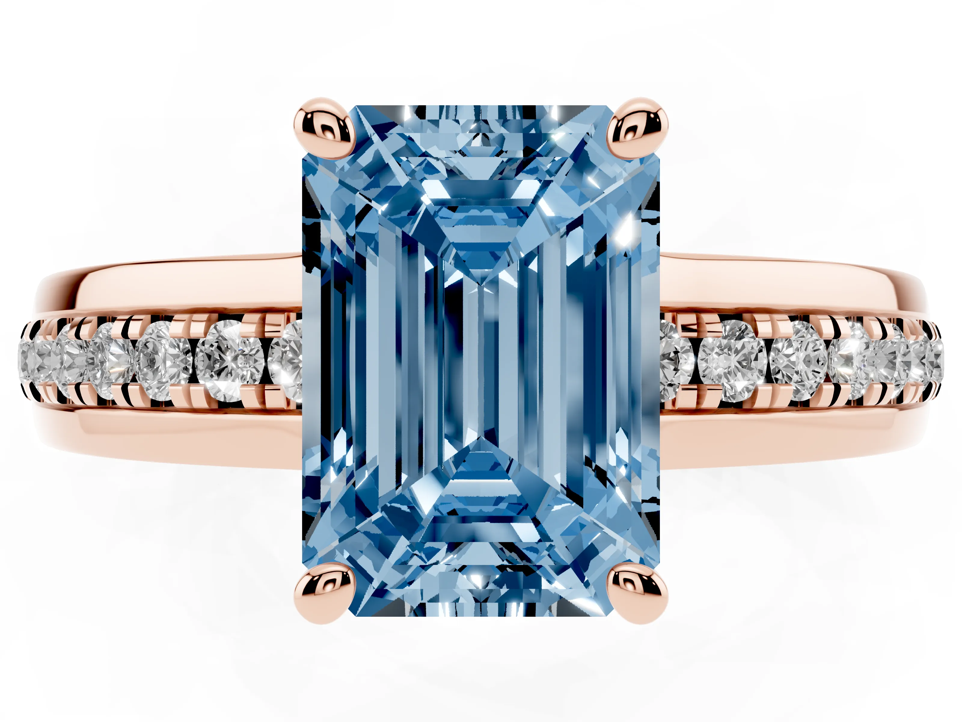 Fancy Blue Emerald Cut Diamond Solitaire Ring Set in Rose gold with Channel Set Band and Prong Setting