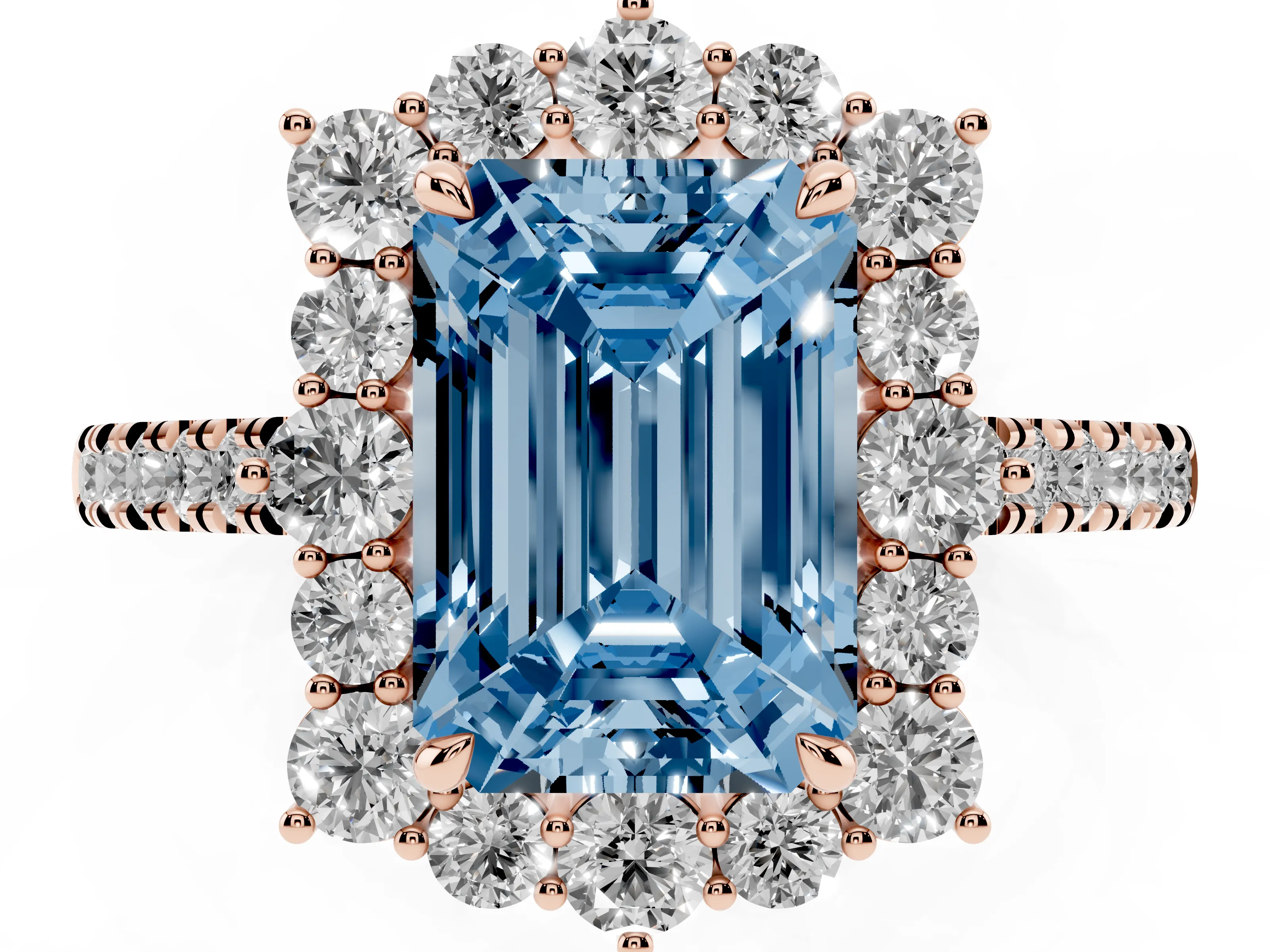 Fancy Blue Emerald Cut Diamond Halo Ring Set in Rose gold with Pavé Band and Prong Setting