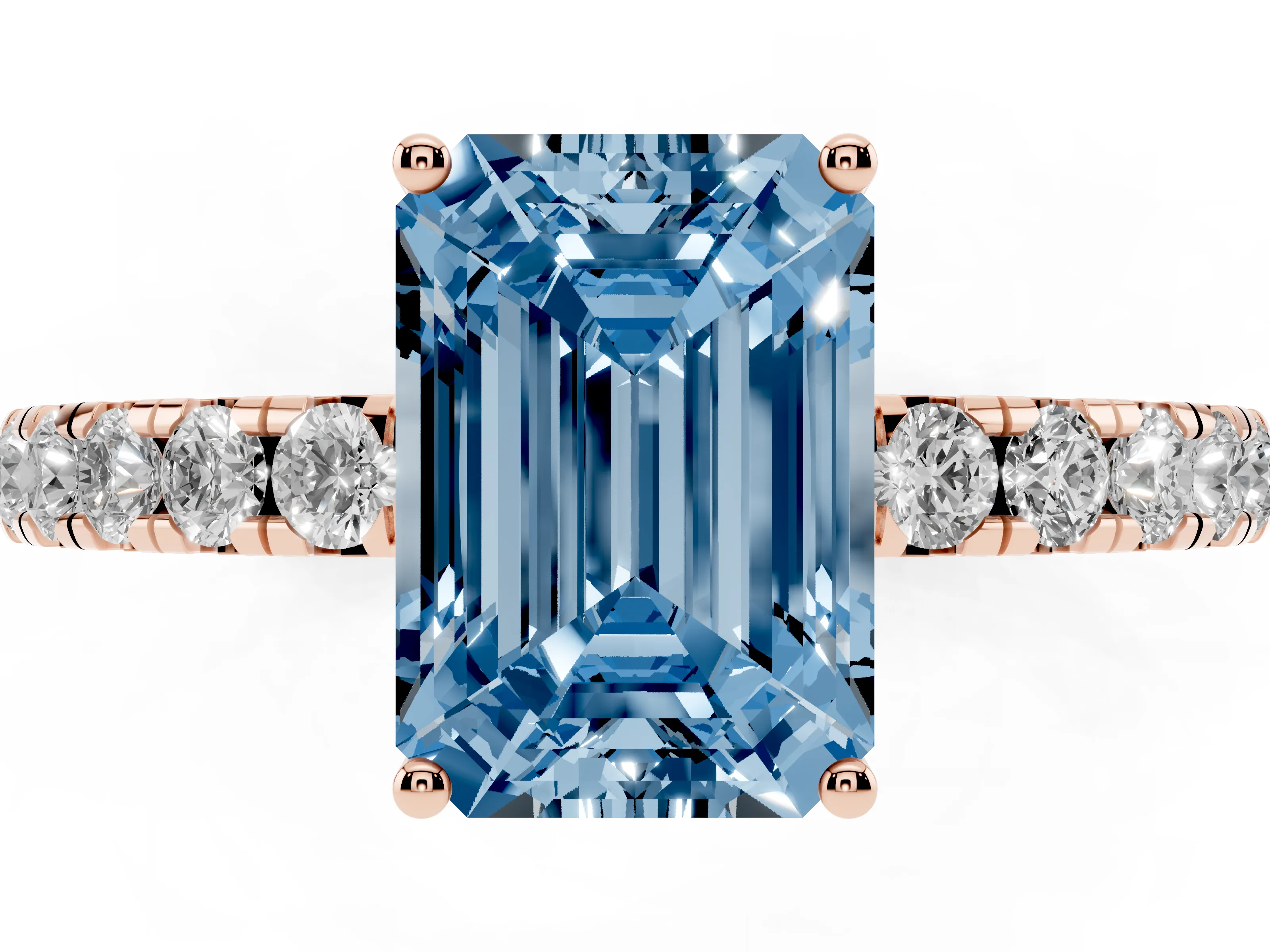 Fancy Blue Emerald Cut Diamond Pavé Solitaire Engagement Ring Set in Rose gold with Prong Setting