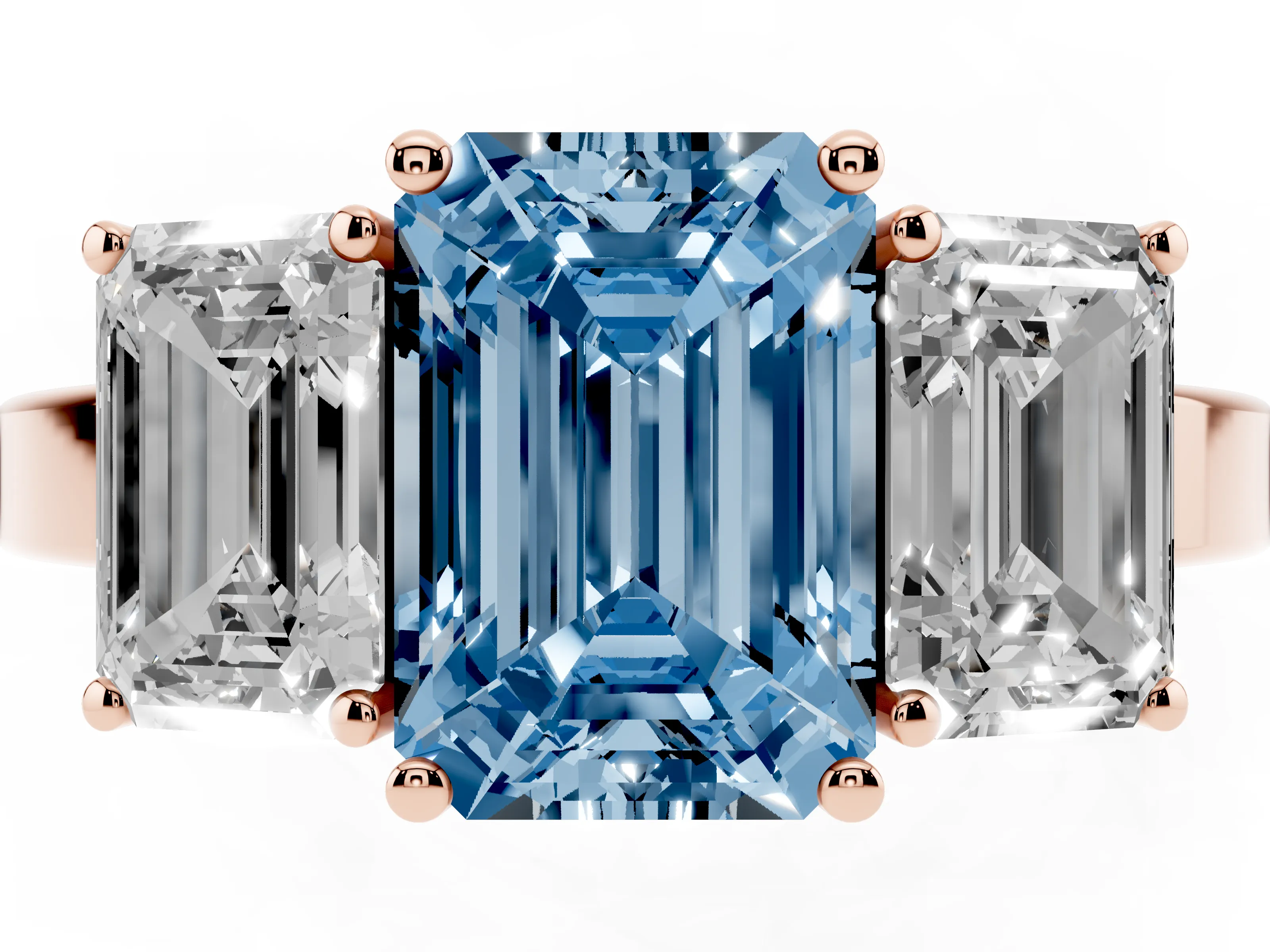 Fancy Blue Emerald Cut Diamond Three-Stone Engagement Ring Set in Rose gold with Flat Band