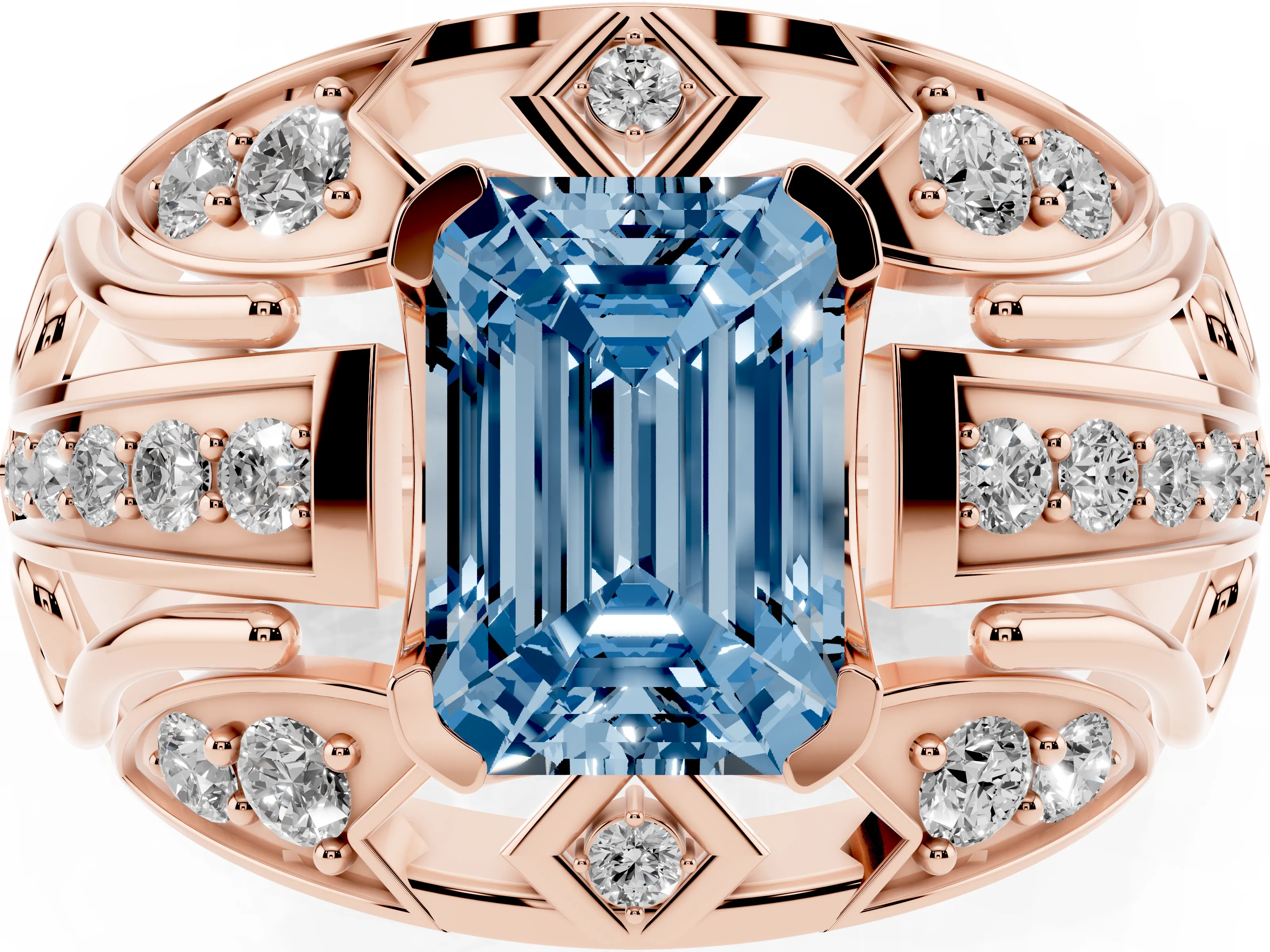Fancy Blue Emerald Cut Diamond Art Deco Ring Set in Rose gold with Pavé Split Shank