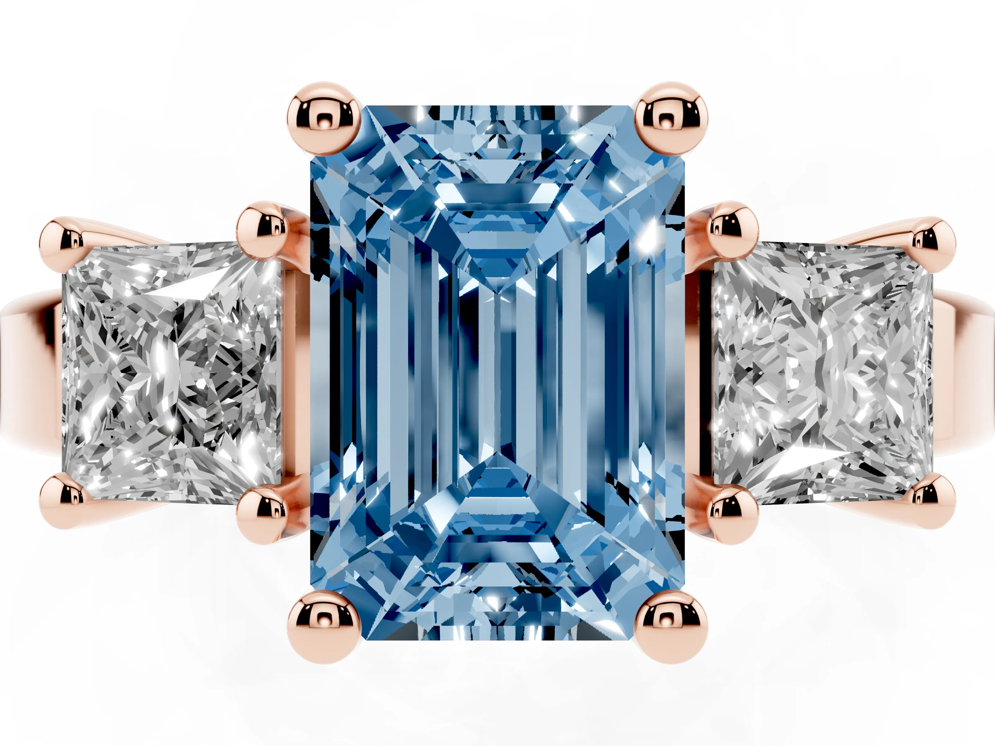Fancy Blue Three-Stone Emerald Cut Diamond Solitaire Ring Set in Rose gold with Prong Setting