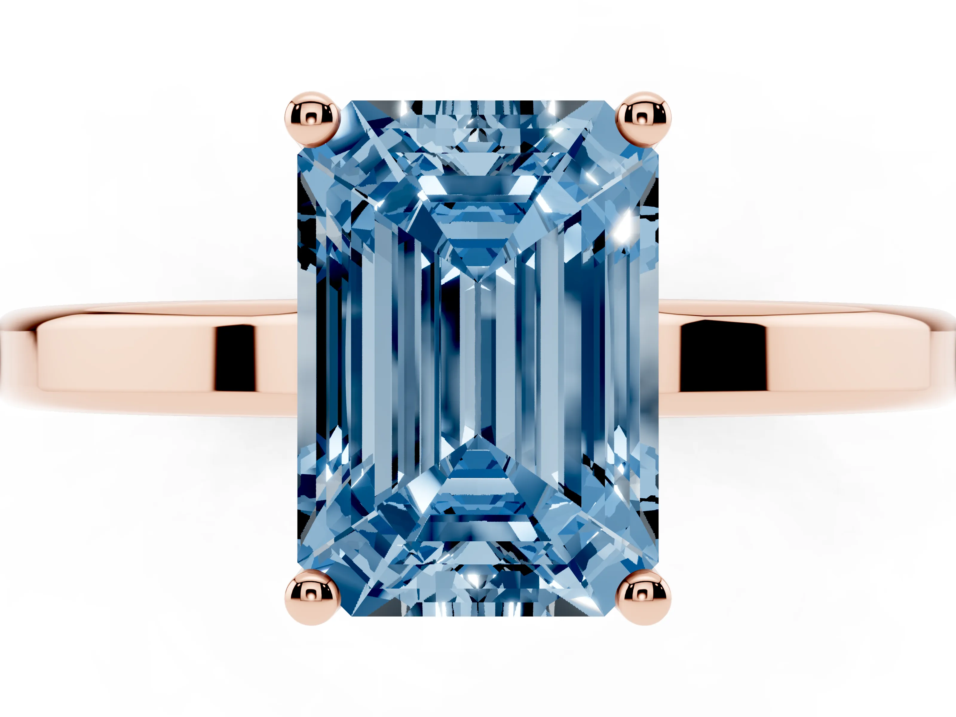 Fancy Blue Emerald Cut Diamond Solitaire Engagement Ring Set in Rose gold with Prong Setting on a Plain Band
