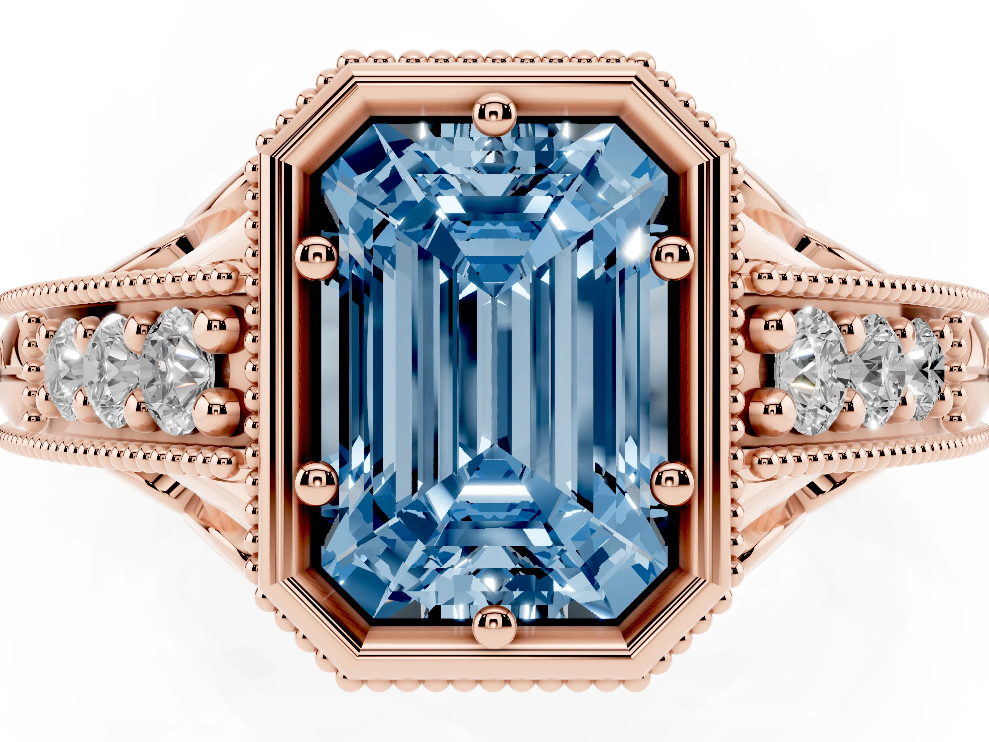Fancy Blue Bezel Set Emerald Cut Diamond Milgrain Pavé Engagement Ring Set in Rose gold