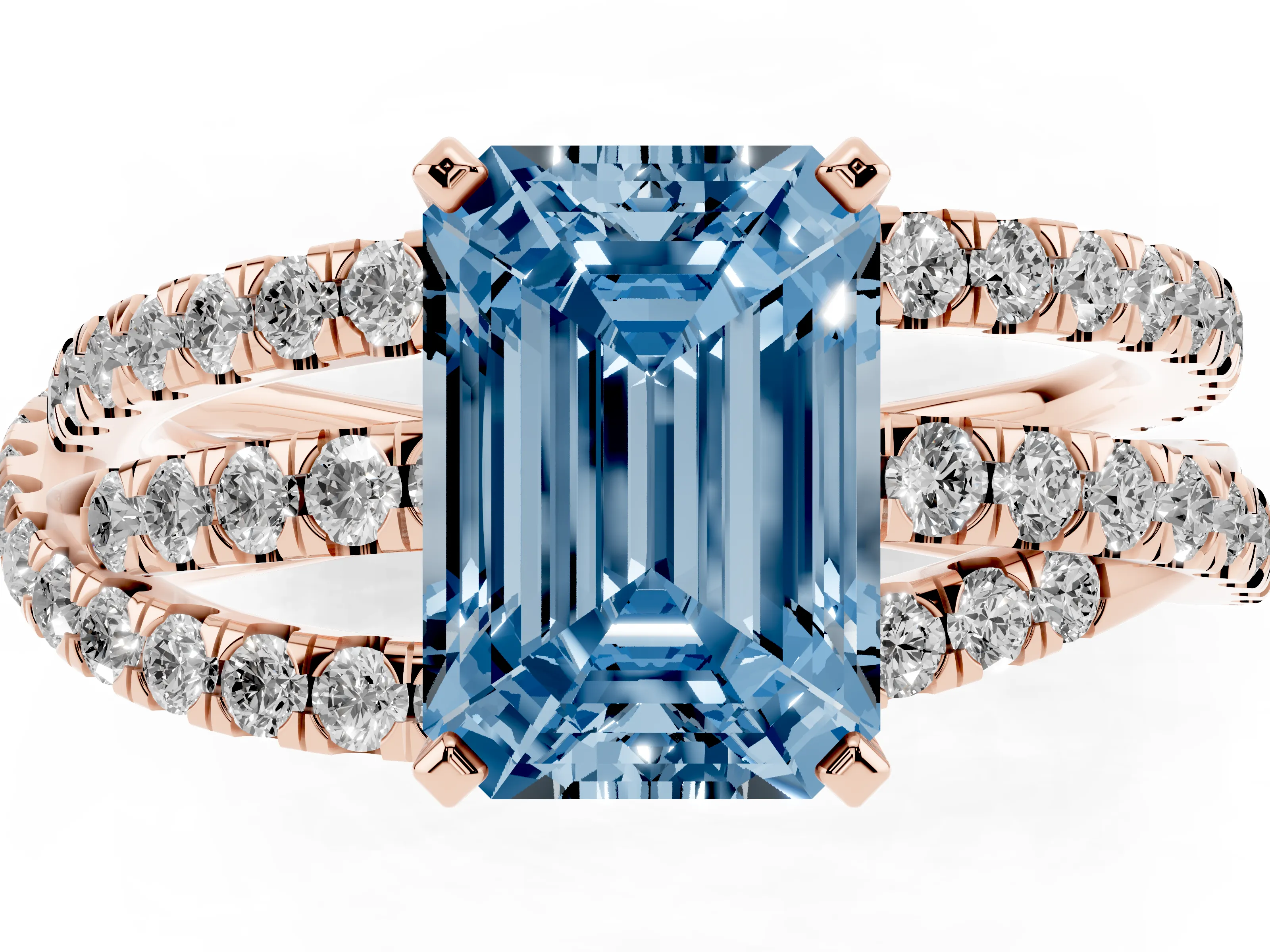 Fancy Blue Emerald Cut Diamond Solitaire Twist Band Ring Set in Rose gold with Pavé Setting and Prong Head