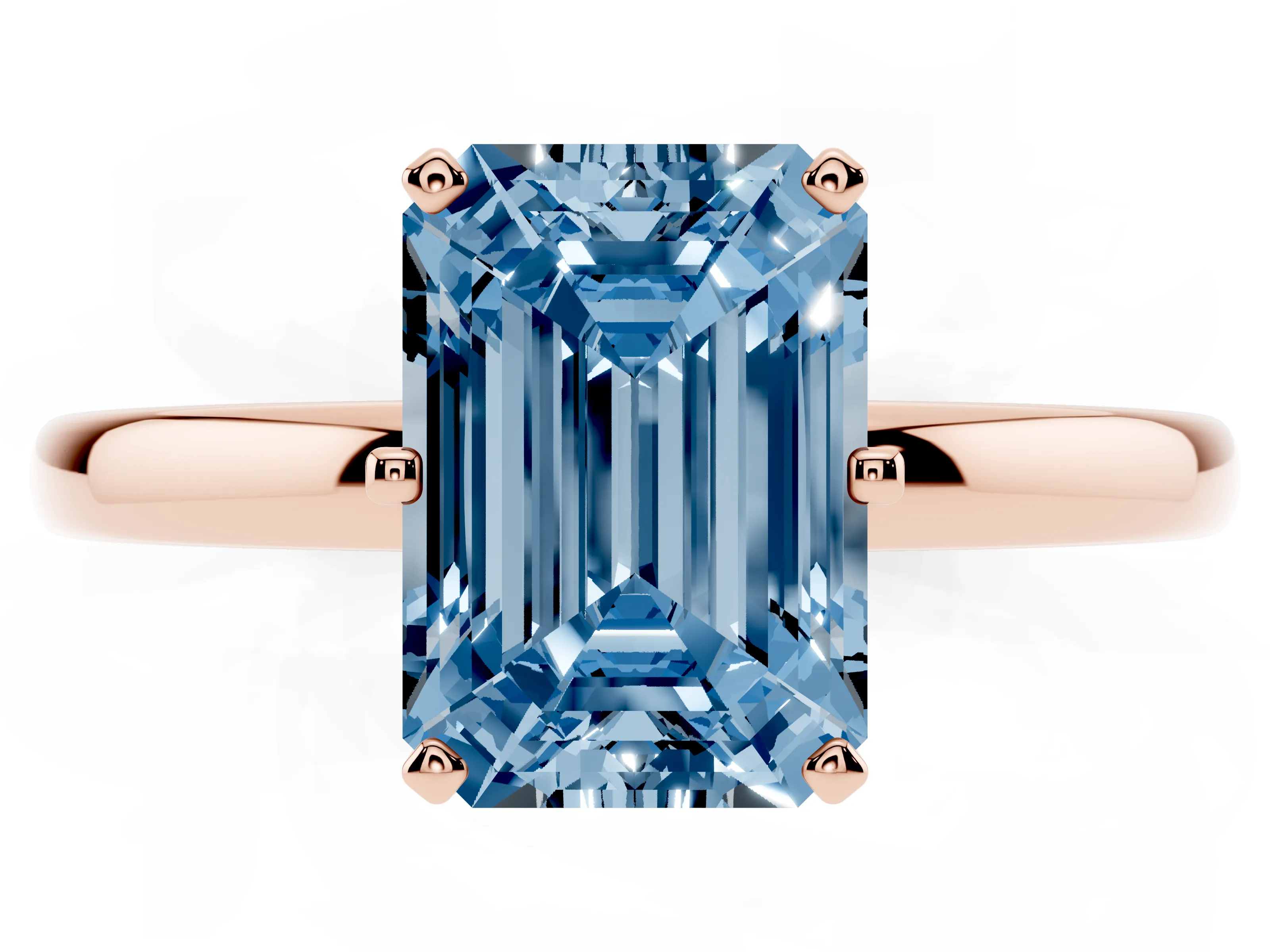 Fancy Blue Emerald Cut Diamond Solitaire Ring Set in Rose gold with Raised Prong Setting on a Classic Band