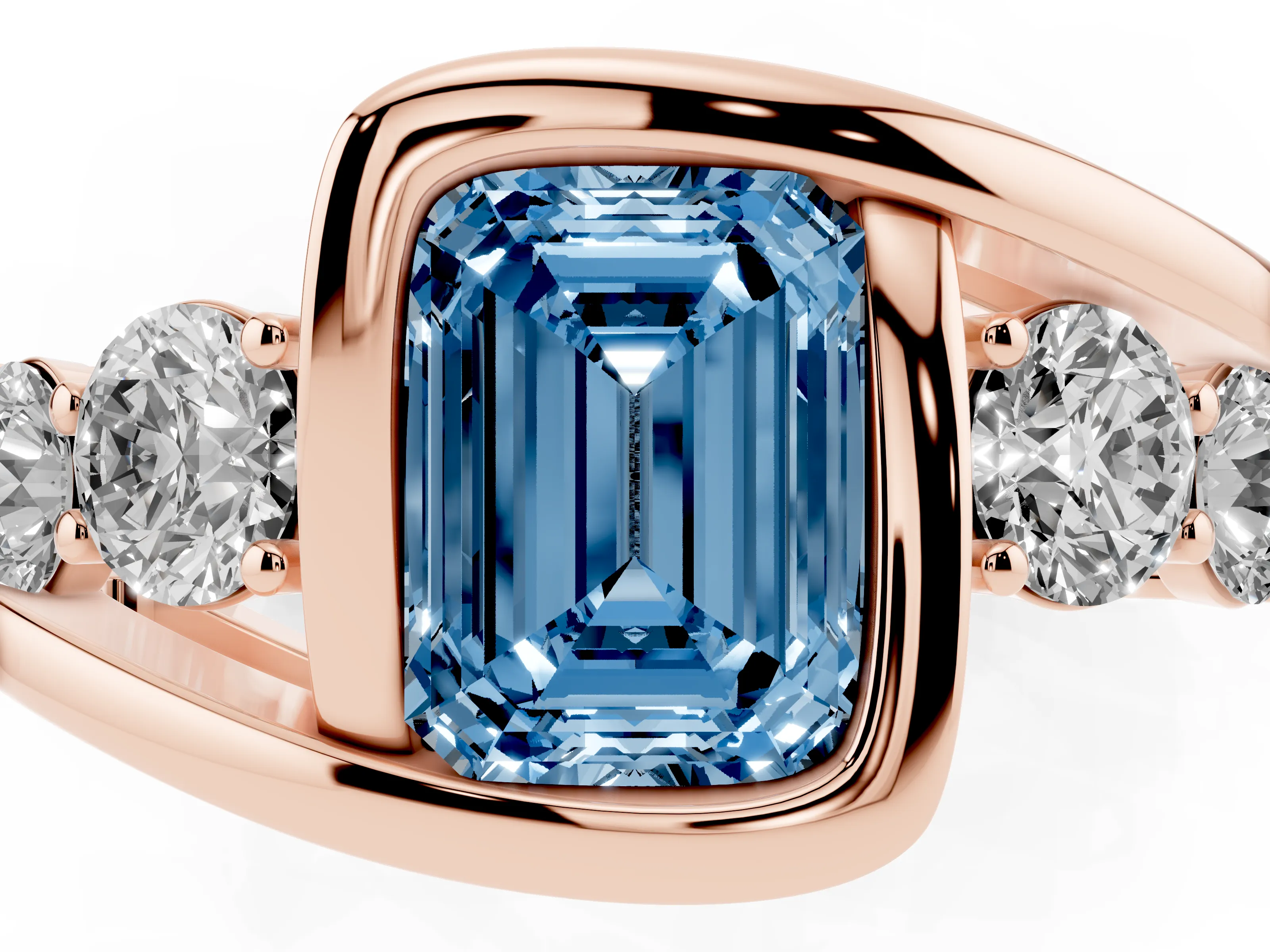 Fancy Blue Emerald Cut Diamond Bezel Bypass Ring Set in Rose gold with Round Accents