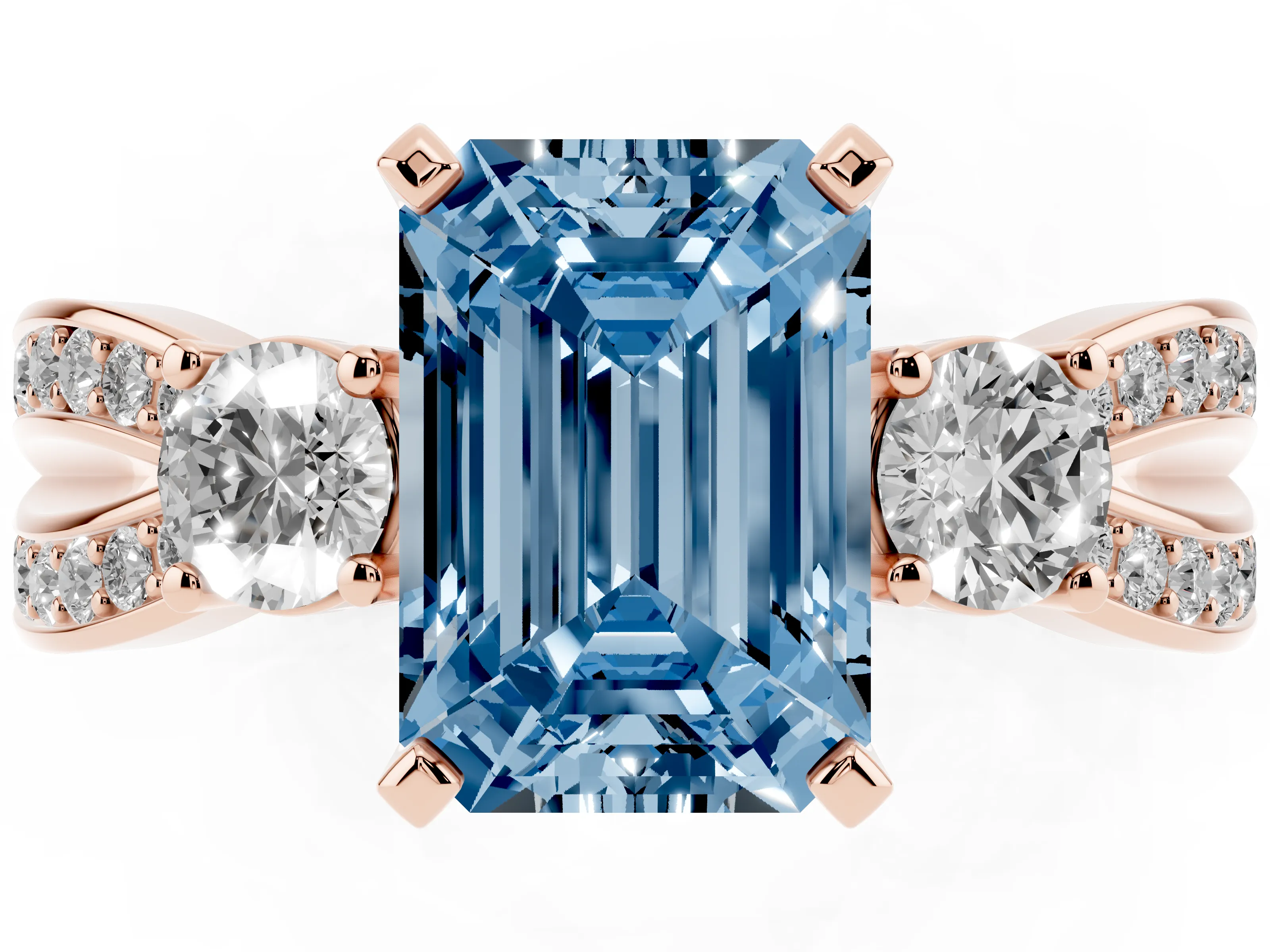 Fancy Blue Three-Stone Emerald Cut Diamond Twist Band Ring Set in Rose gold with Pavé Accents and Prong Setting