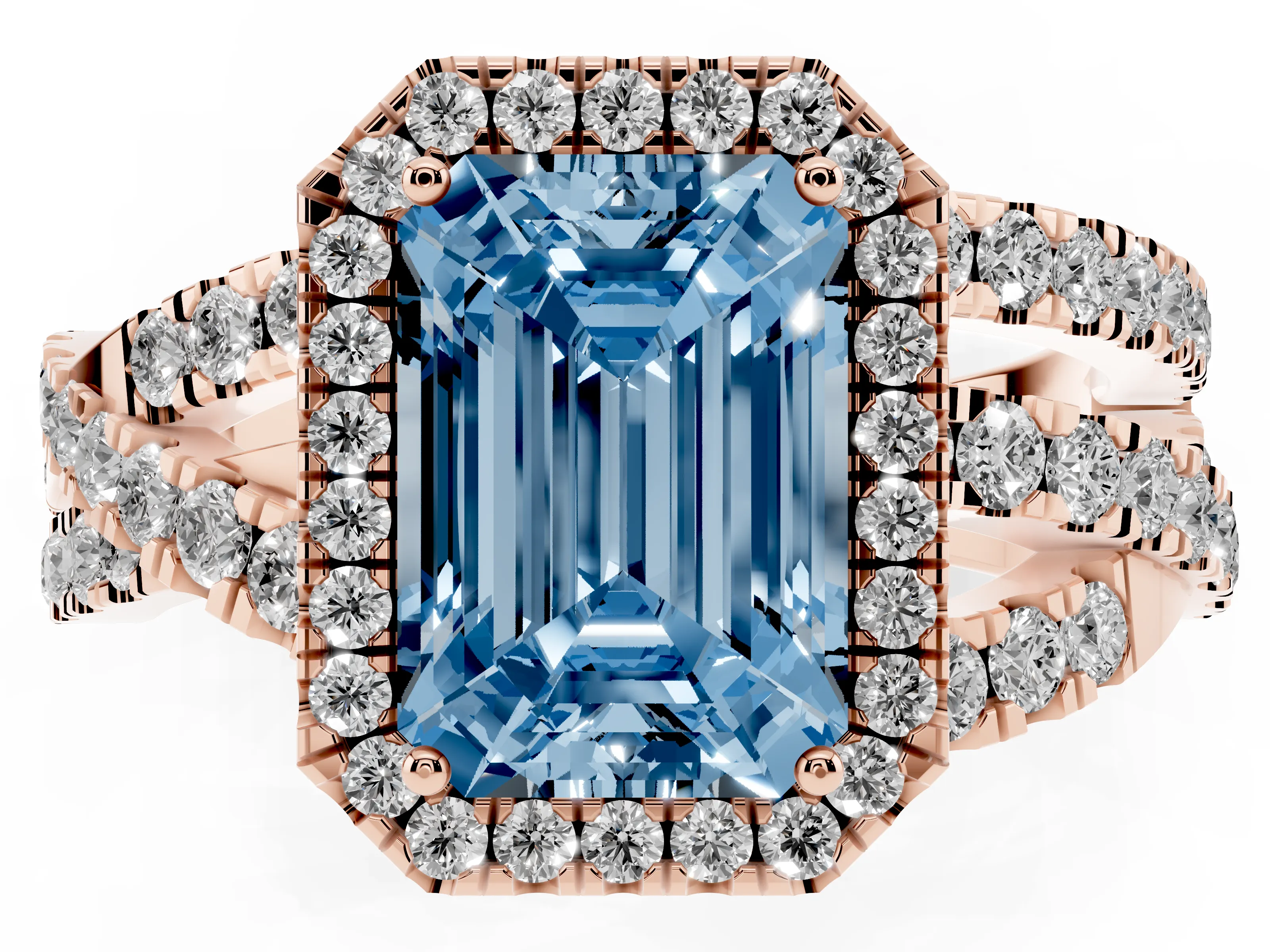 Fancy Blue Emerald Cut Diamond Halo Ring Set in Rose gold with Round Crossover Split Shank and Prong Setting