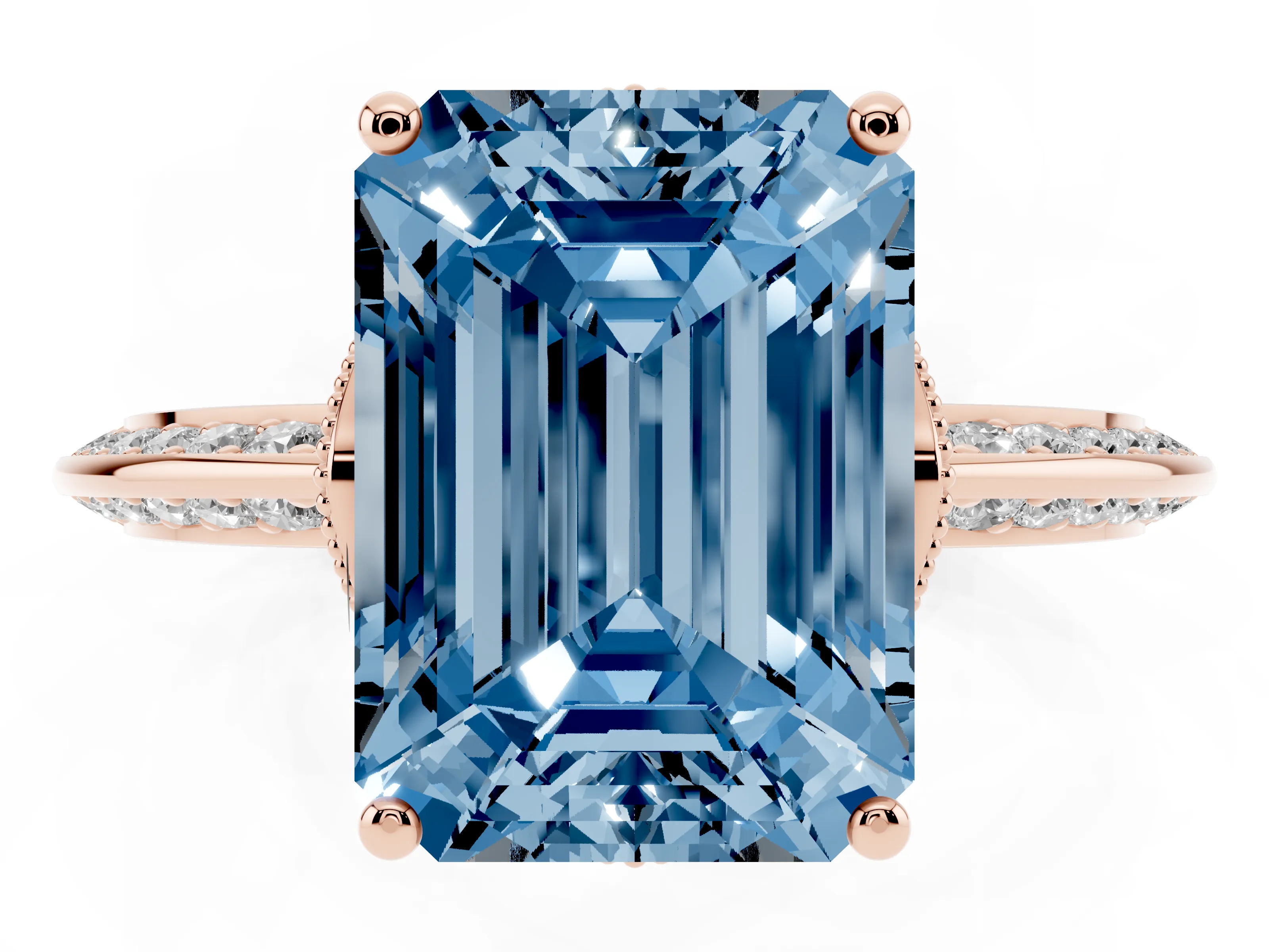Fancy Blue Emerald Cut Diamond Solitaire Engagement Ring Set in Rose gold with Pavé Split Shank and Prong Setting