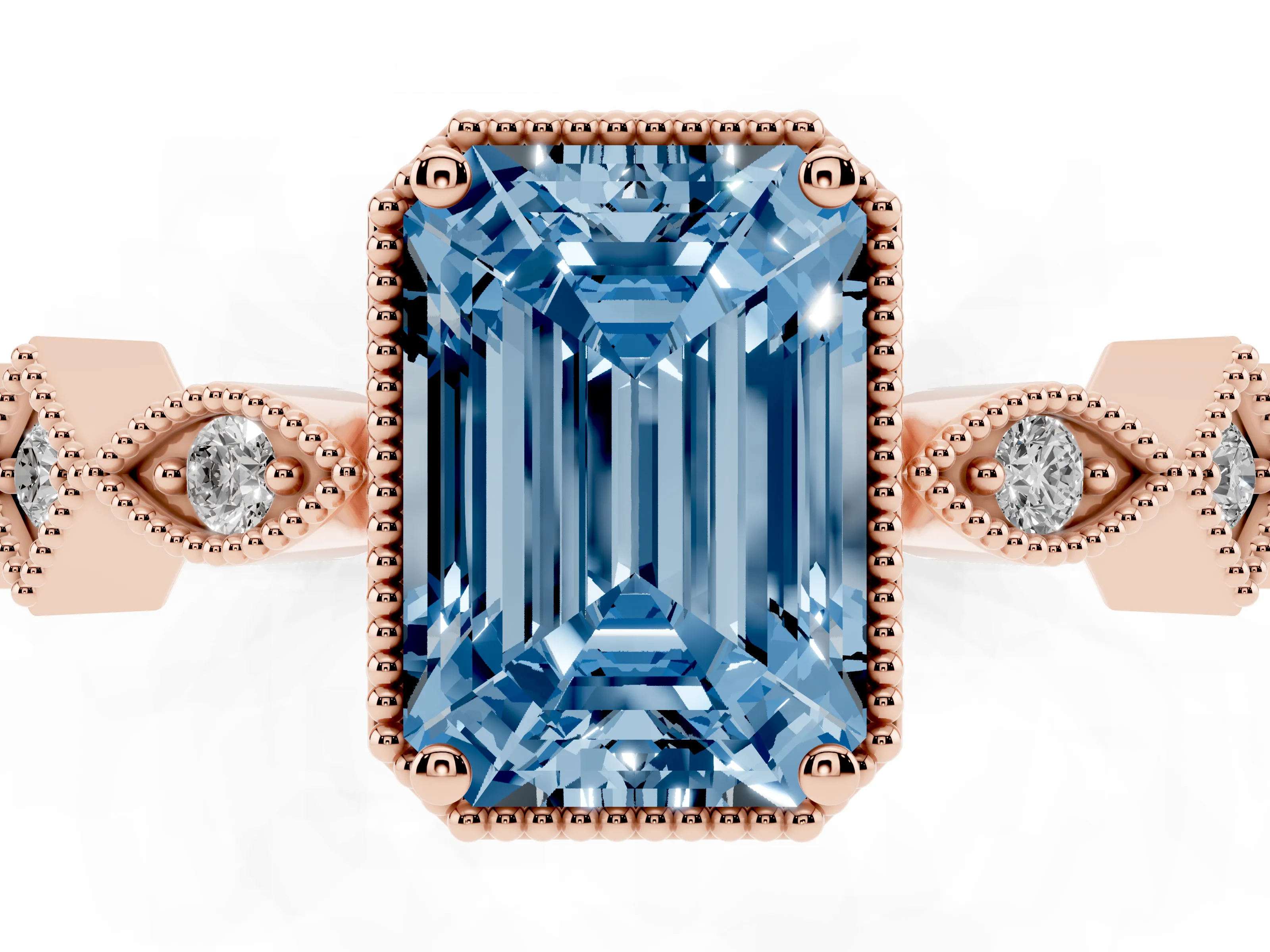 Fancy Blue Emerald Cut Diamond Milgrain Marquise Twist Band Ring Set in Rose gold with Prong Setting