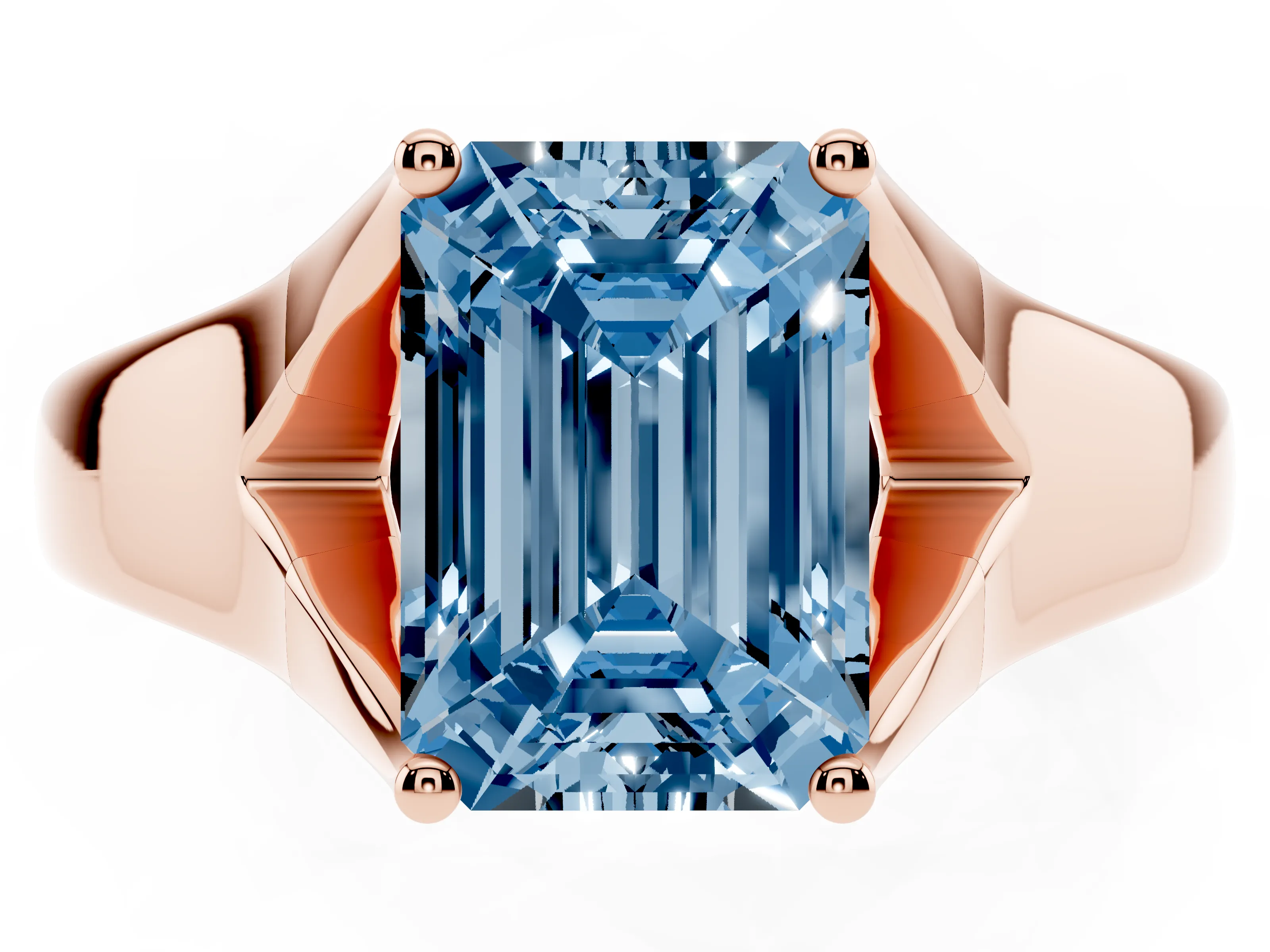 Fancy Blue Emerald Cut Diamond Solitaire Ring Set in Rose gold with Arched Cathedral Band and Prong Setting