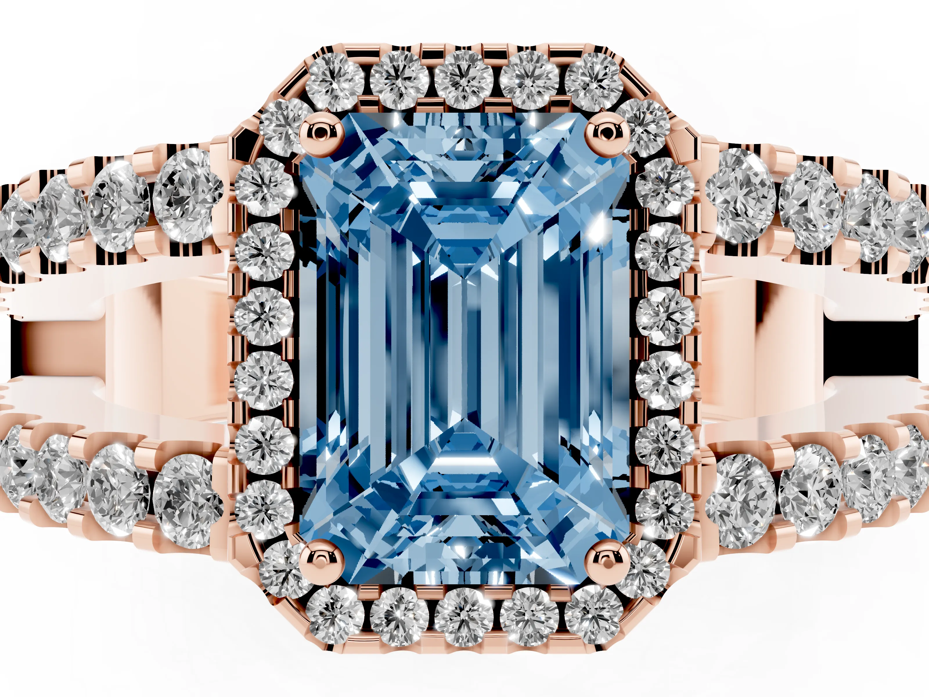 Fancy Blue Emerald Cut Diamond Halo Ring Set in Rose gold with Pavé Split Shank and Prong Setting