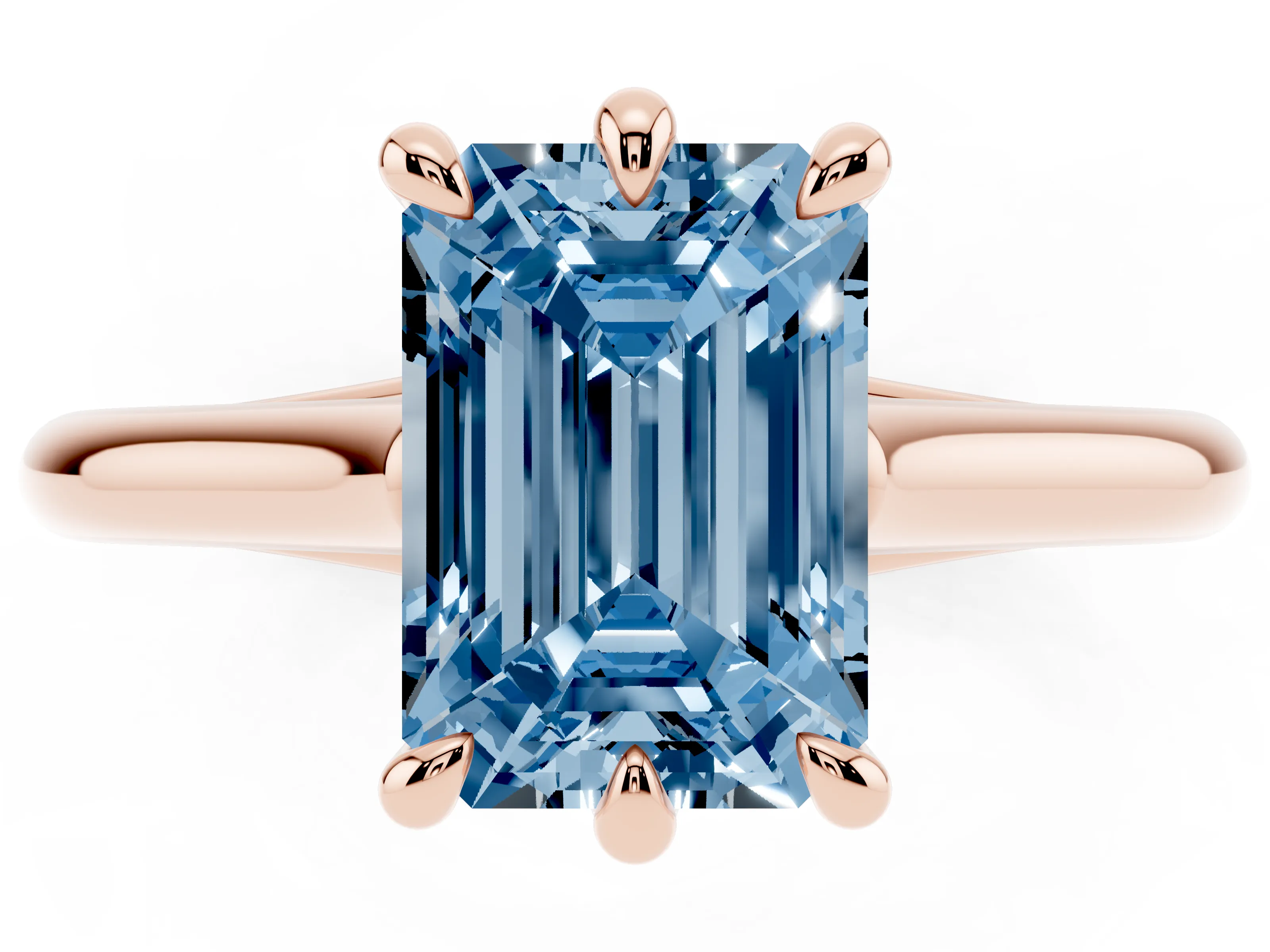Fancy Blue Emerald Cut Diamond Solitaire Engagement Ring Set in Rose gold with Prong Setting and Plain Classic Band