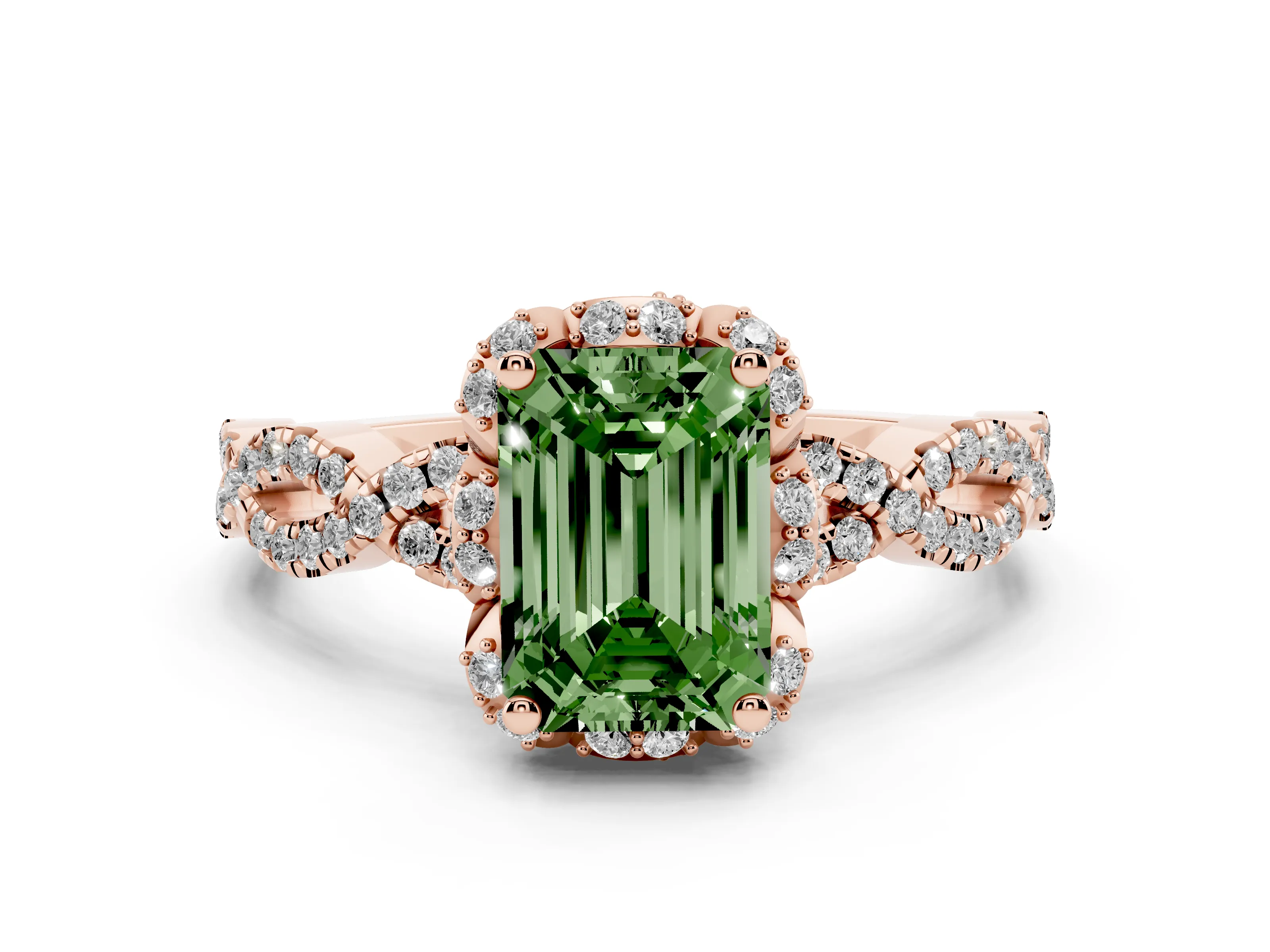 Fancy Green Emerald Cut Diamond Halo Twist Band Solitaire Ring Set in Rose gold with Prong-Set Center Stone