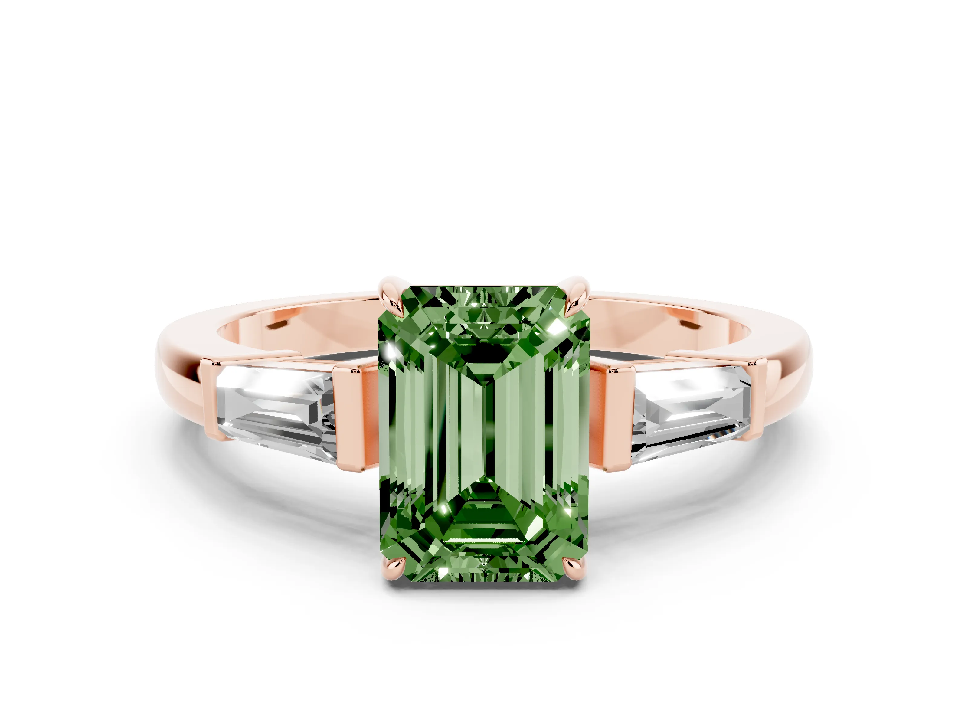 Fancy Green Emerald Cut Diamond Three-Stone Ring Set in Rose gold with Tapered Baguette Side Stones and Prong Setting