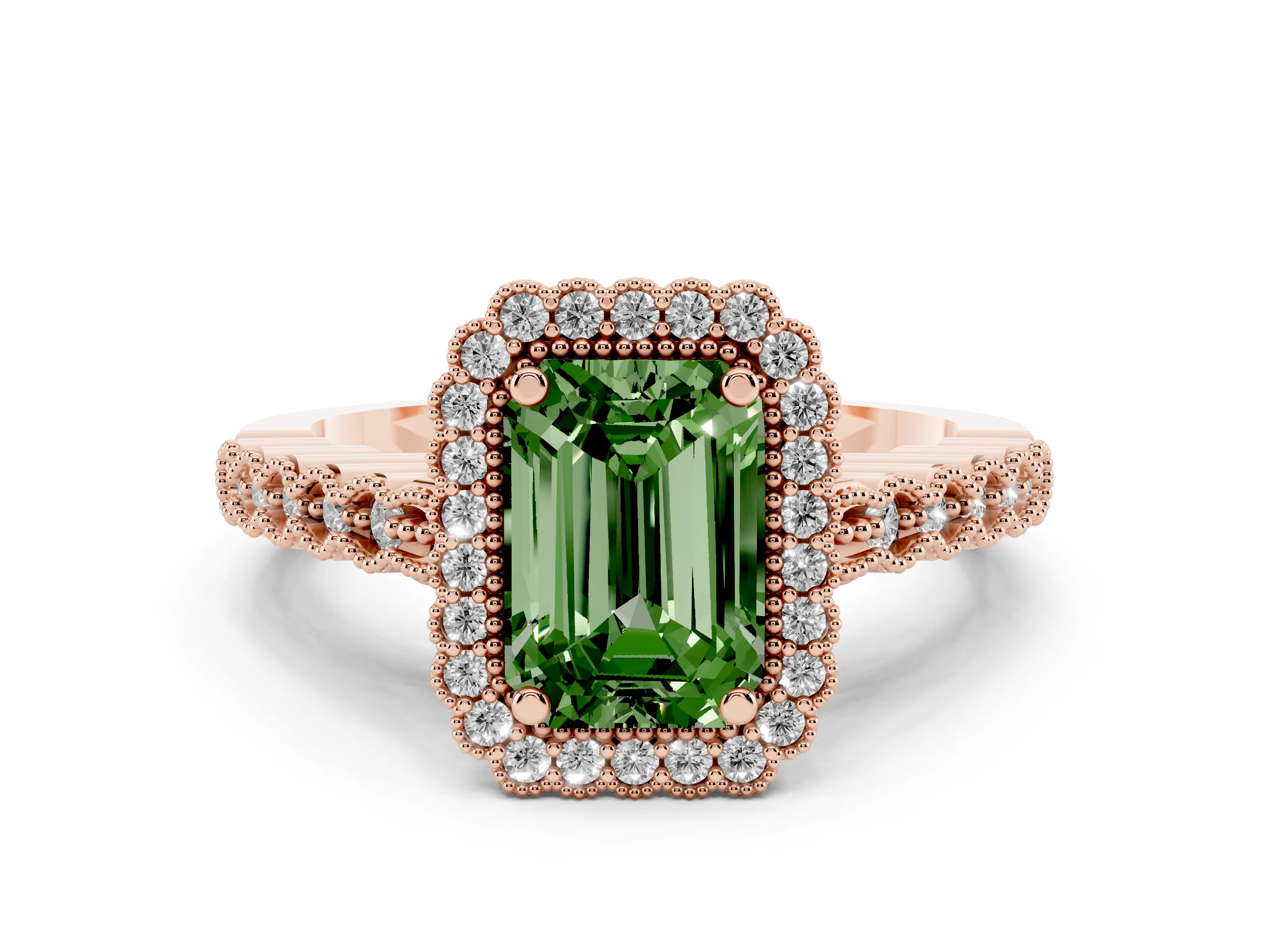 Fancy Green Emerald Cut Diamond Halo Ring Set in Rose gold with Pavé Milgrain Band