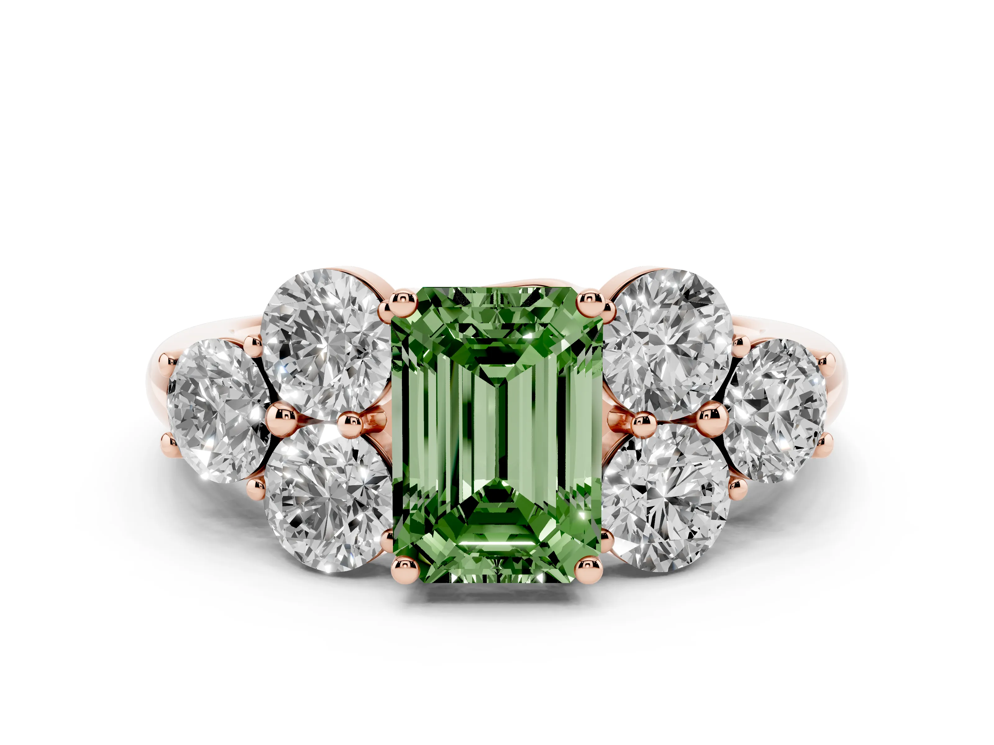 Fancy Green Emerald Cut Diamond Cluster Ring Set in Rose gold with Round Accent Stones and Prong Setting on a Plain Band