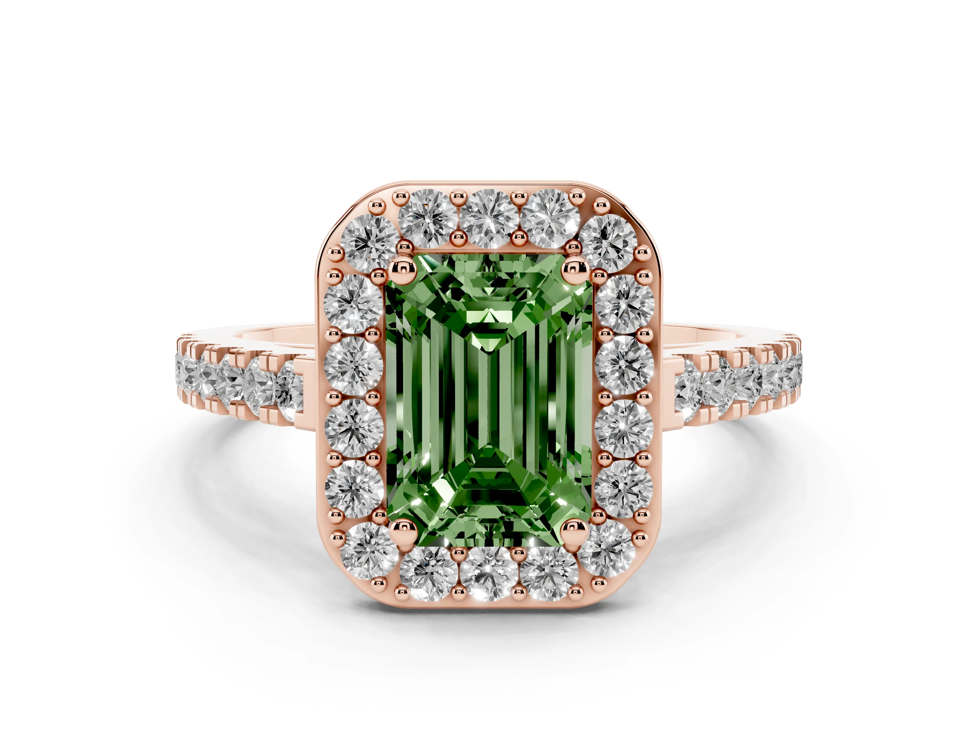 Fancy Green Emerald Cut Diamond Halo Ring Set in Rose gold with Round Pavé Split Shank and Prong Setting