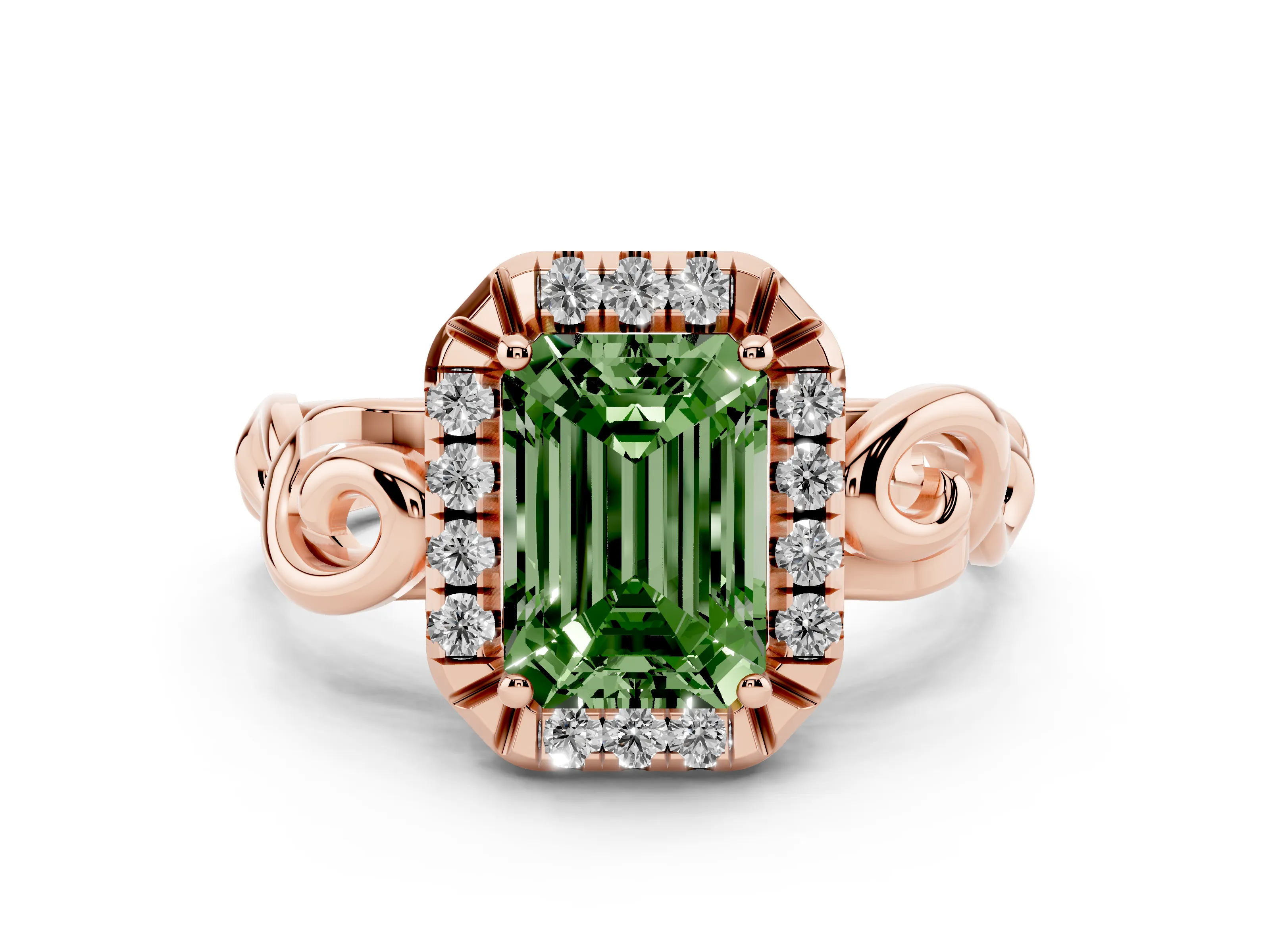 Fancy Green Emerald Cut Diamond Halo Ring Set in Rose gold with Scrollwork Band and Prong Setting