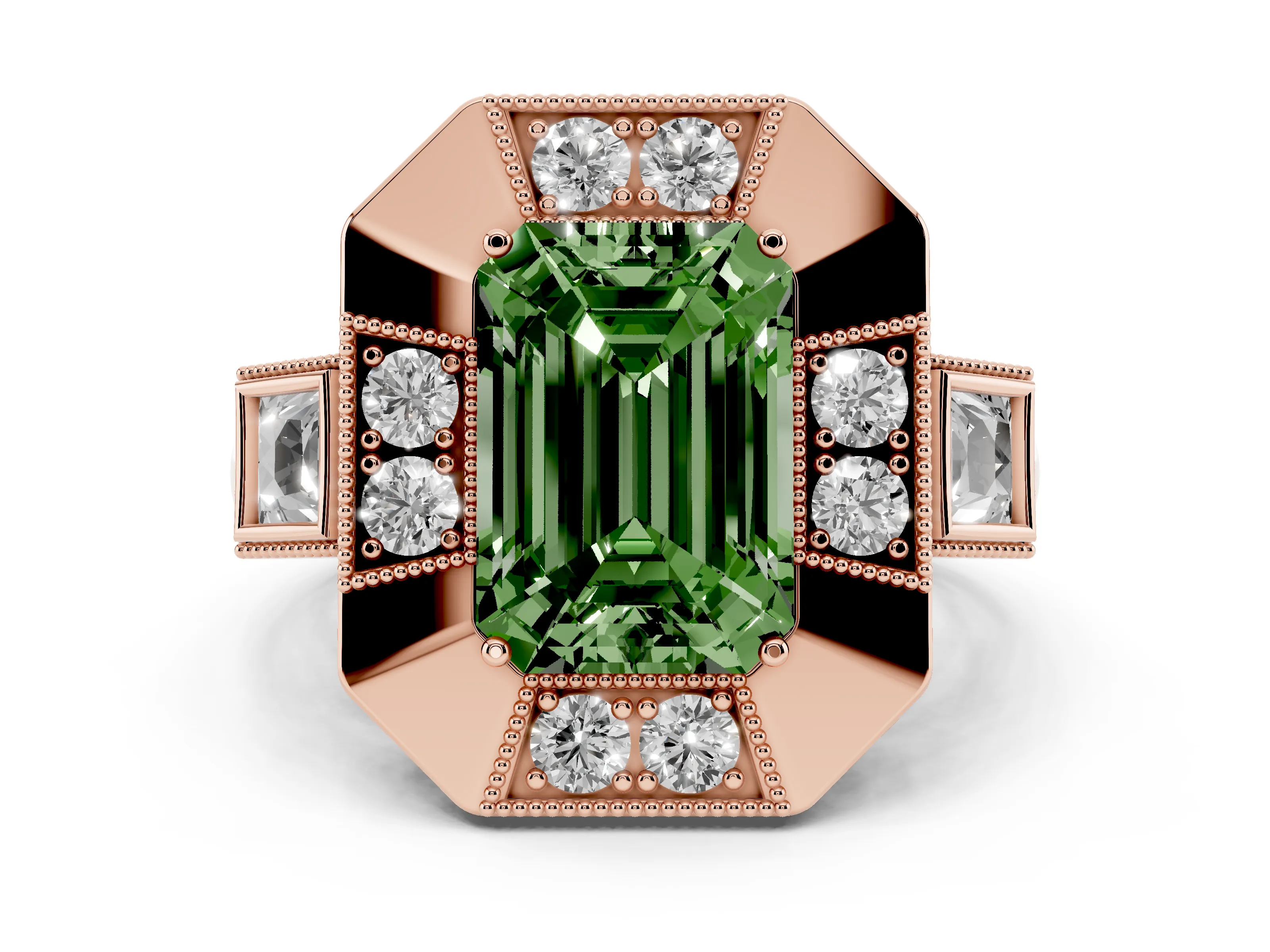 Fancy Green Emerald Cut Diamond Milgrain Halo Ring Set in Rose gold with Split Shank