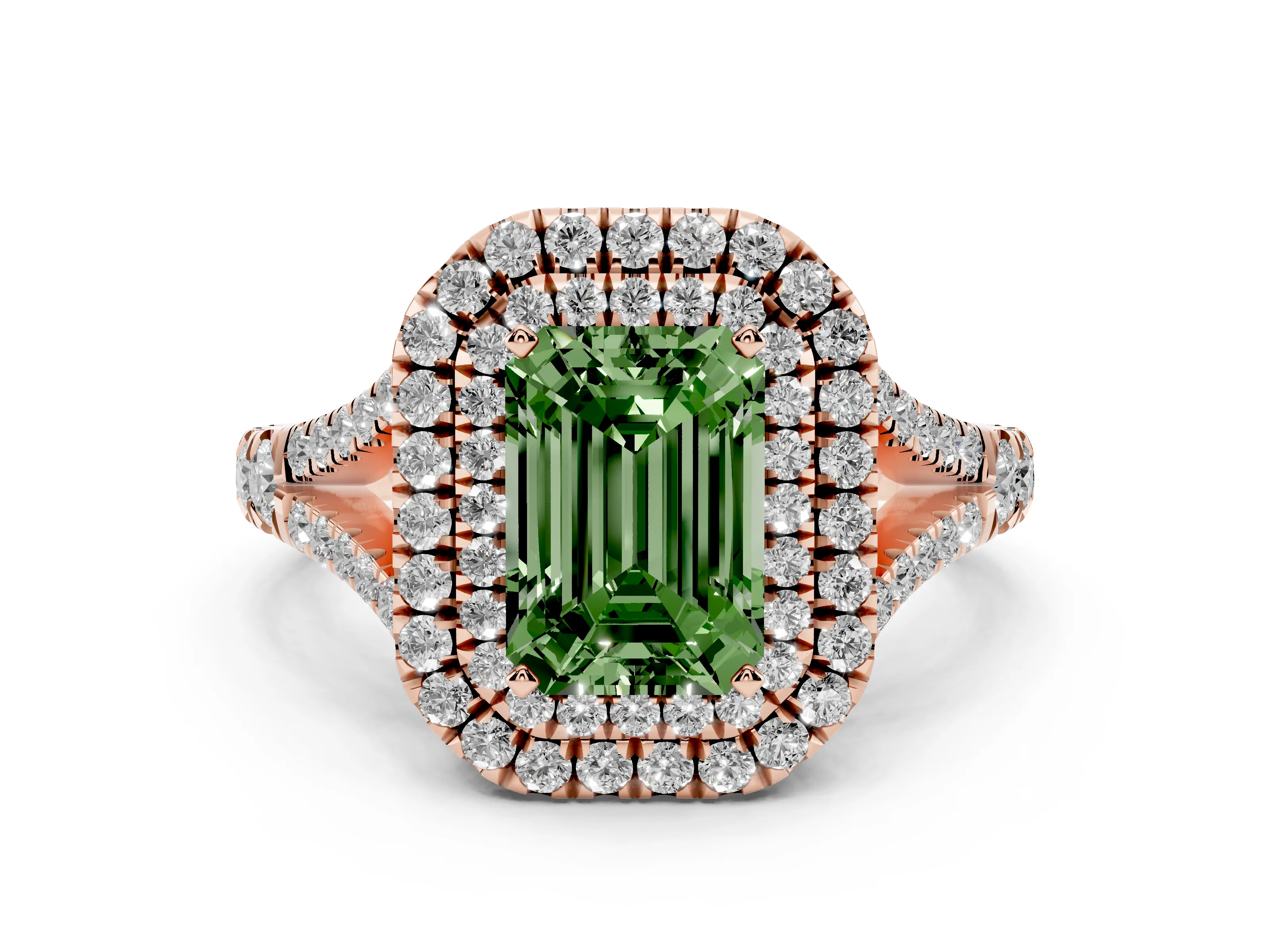 Fancy Green Emerald Cut Diamond Pavé Split Shank Double Halo Engagement Ring Set in Rose gold