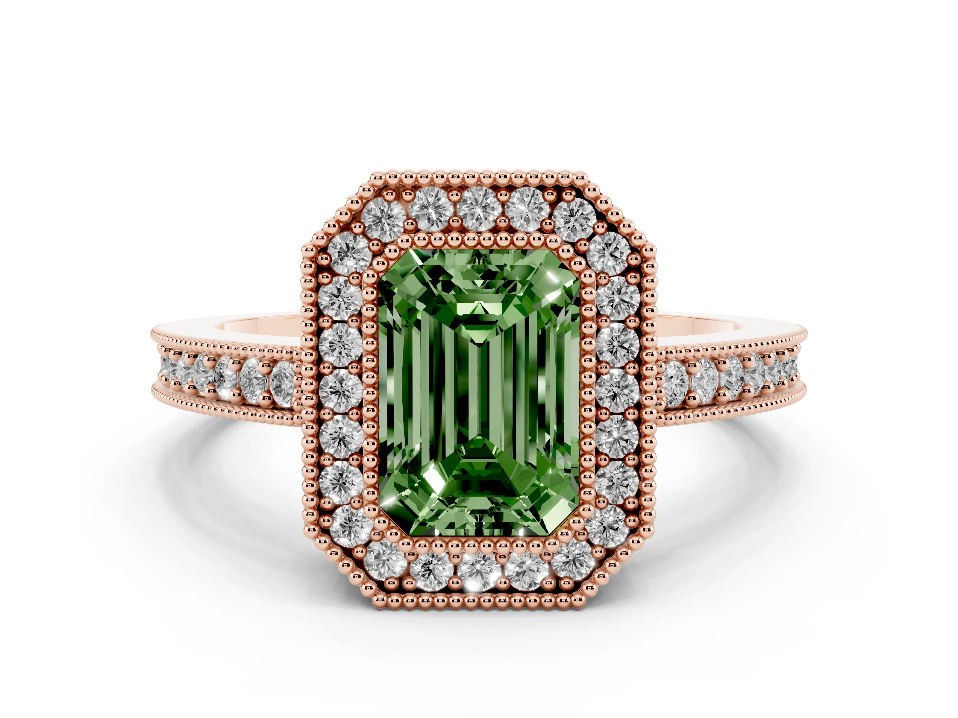 Fancy Green Emerald Cut Diamond Halo Engagement Ring Set in Rose gold with Pavé Band and Round Halo Stones