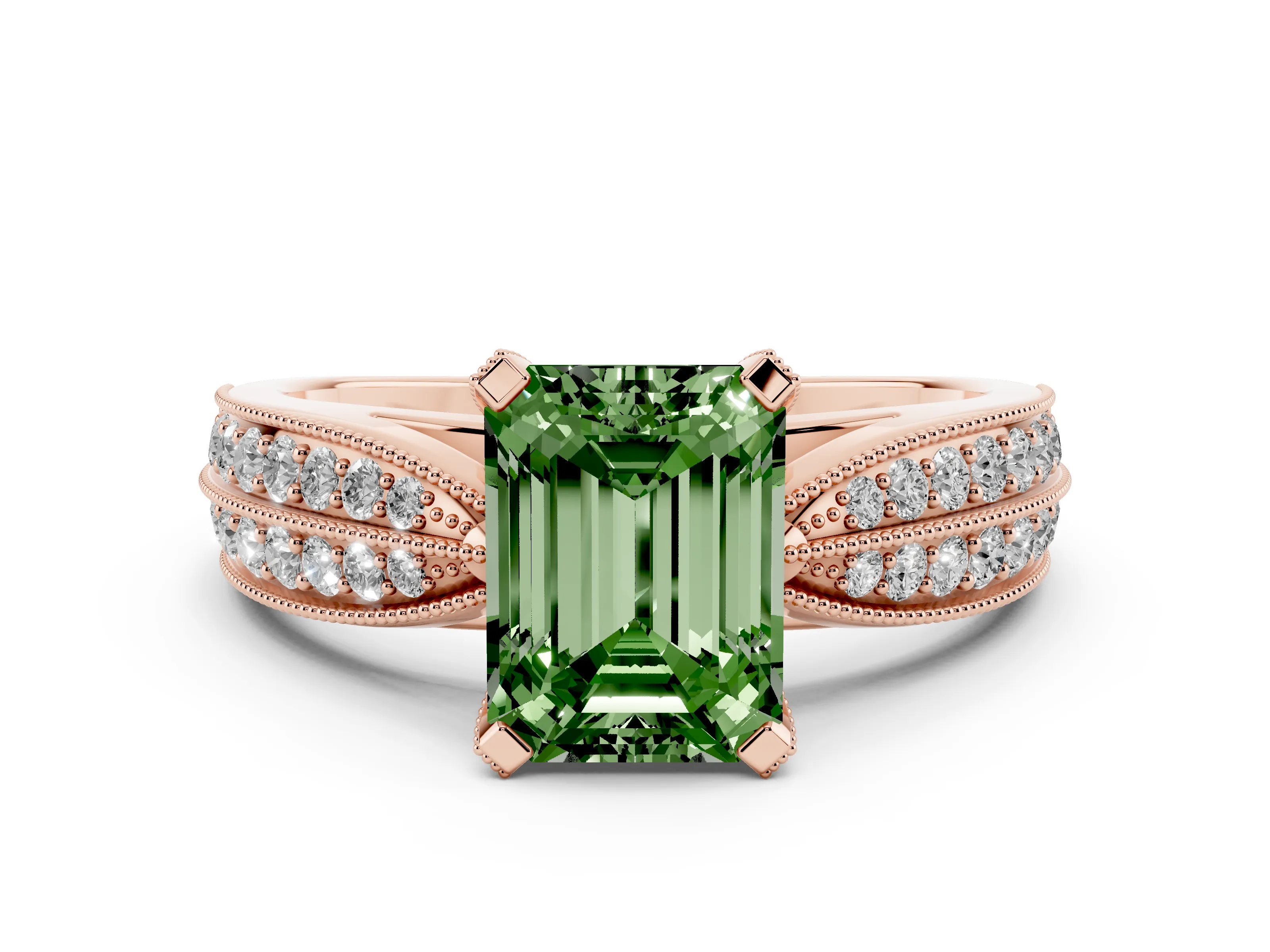 Fancy Green Emerald Cut Diamond Solitaire Ring Set in Rose gold with Milgrain Double Row Round Pavé Band