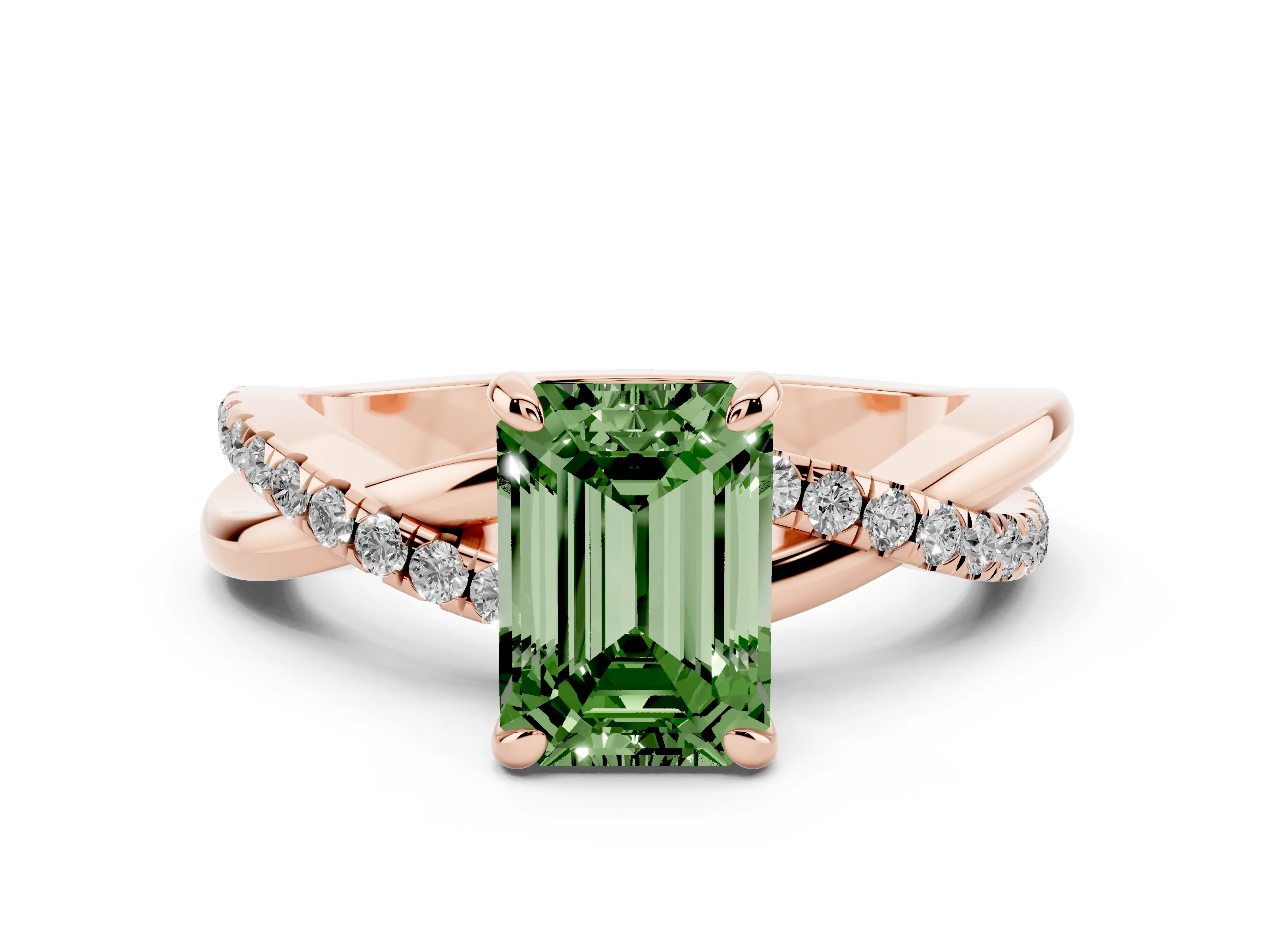 Fancy Green Emerald Cut Diamond Twist Band Solitaire Set in Rose gold with Pavé Accents and Prong Setting
