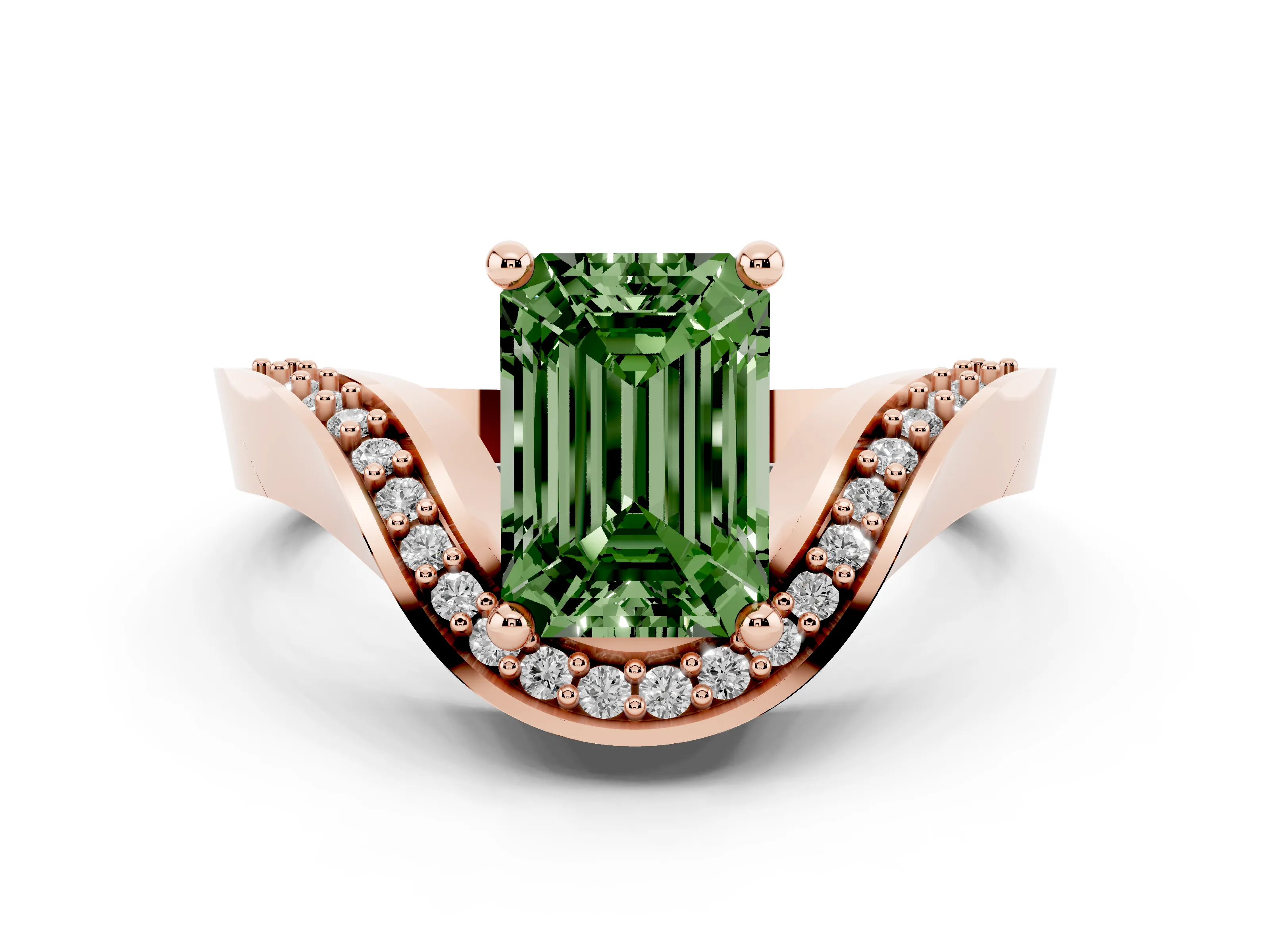 Fancy Green Emerald Cut Diamond Solitaire Engagement Ring Set in Rose gold with Pavé Shoulders