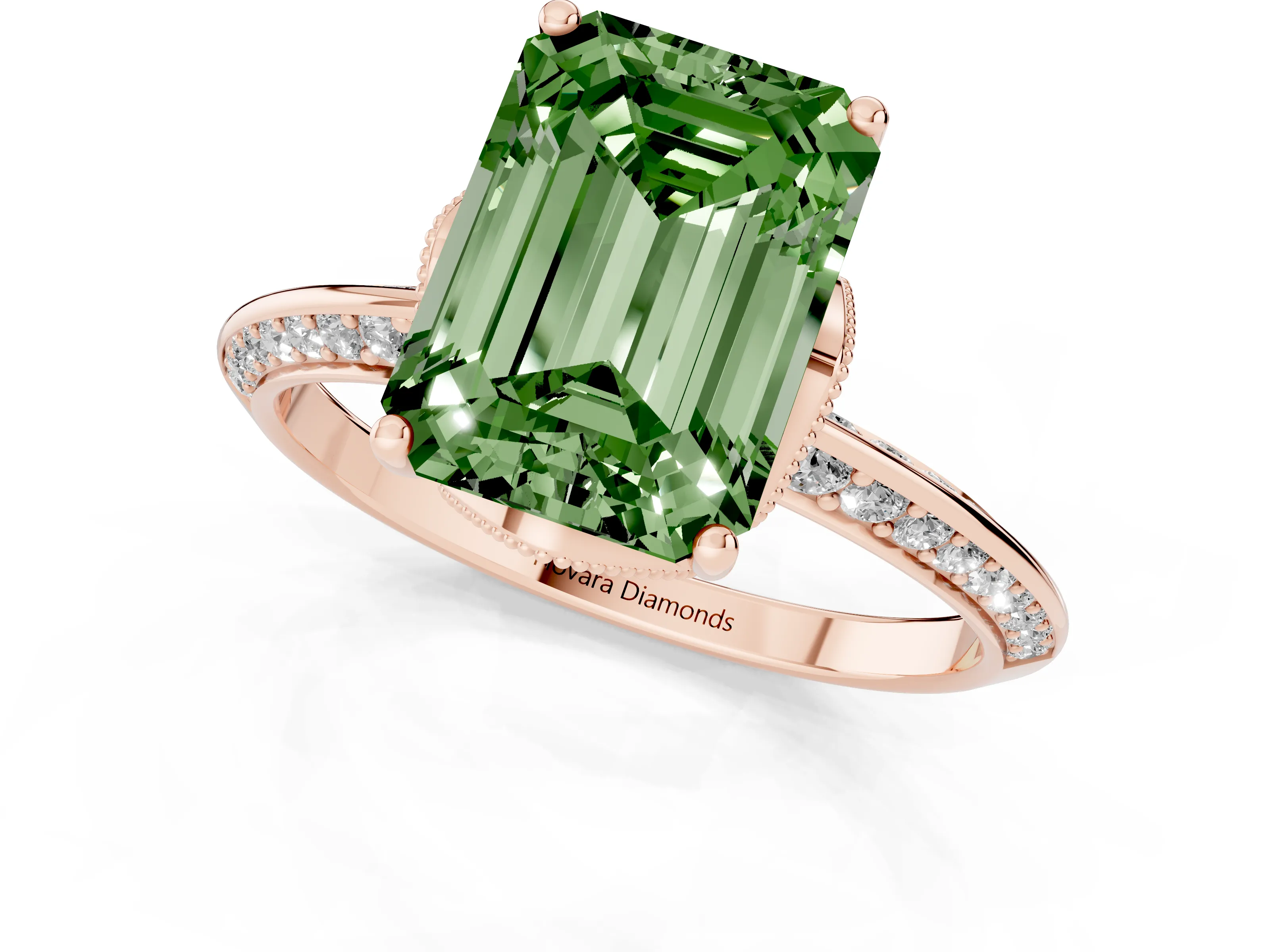 Fancy Green Emerald Cut Diamond Solitaire Engagement Ring Set in Rose gold with Pavé Split Shank and Prong Setting